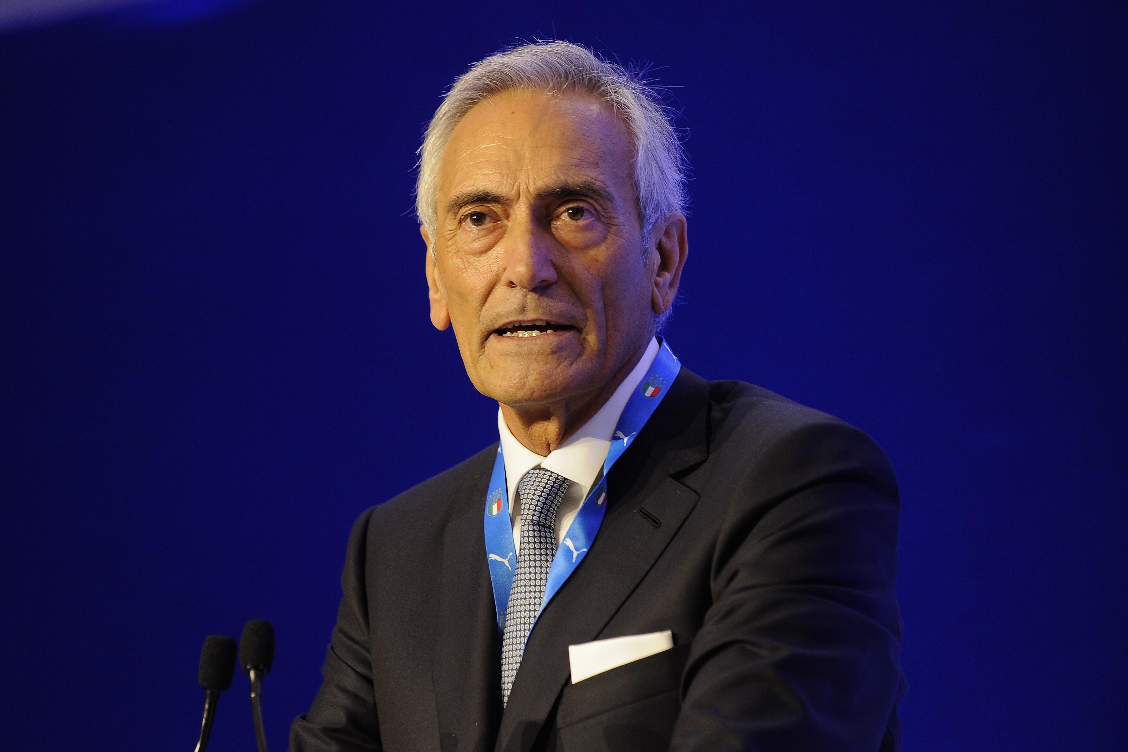 ROME, ITALY - OCTOBER 22:  The FIGC New President Gabriele Gravina looks on during the Italian Football Federation (FIGC) elective assembly on October 22, 2018 in Rome, Italy.  (Photo by Marco Rosi/Getty Images) *** Local Caption *** Gabriele Gravina