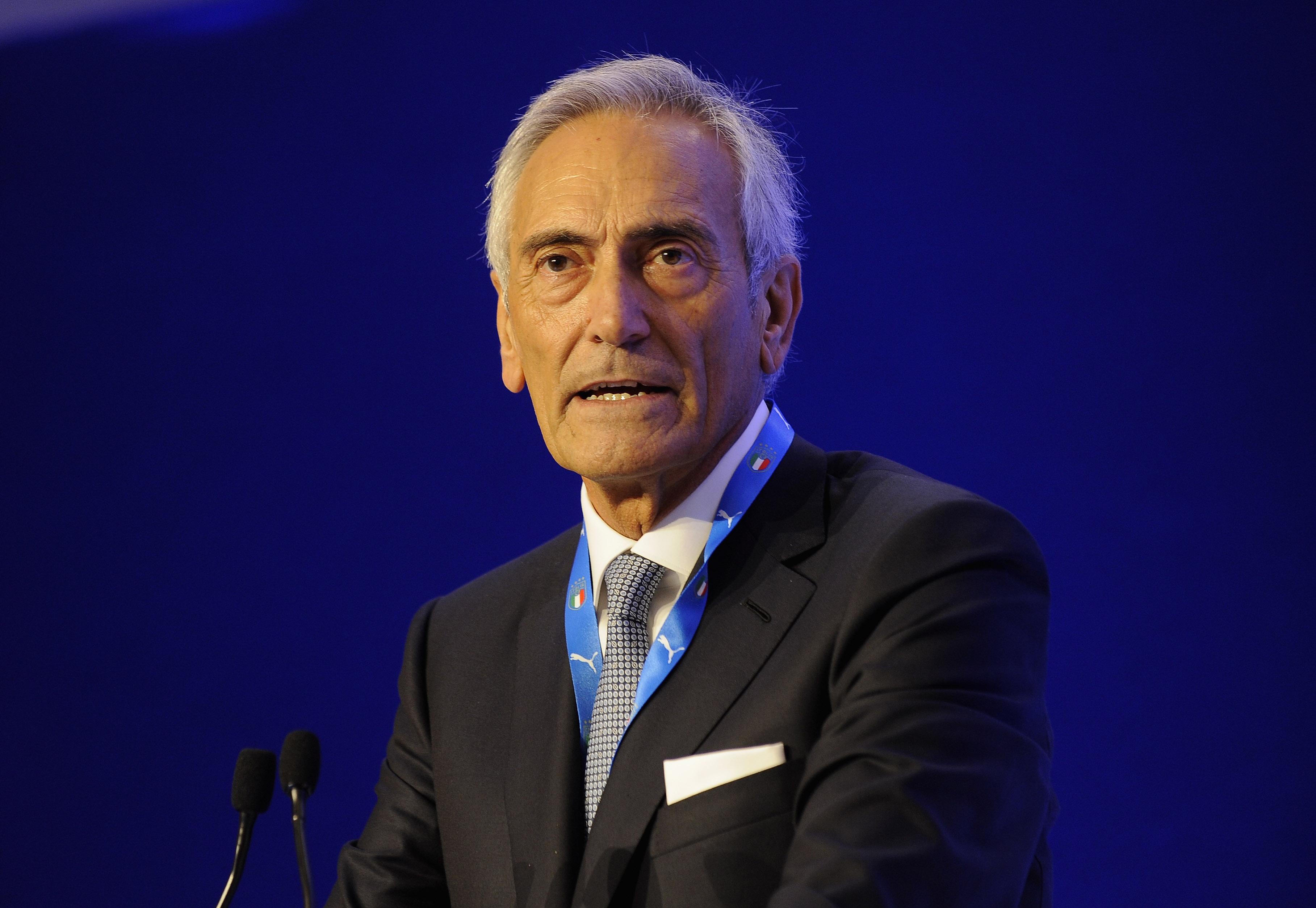 ROME, ITALY - OCTOBER 22: The FIGC New President Gabriele Gravina looks on during the Italian Football Federation (FIGC) elective assembly on October 22, 2018 in Rome, Italy. (Photo by Marco Rosi/Getty Images) *** Local Caption *** Gabriele Gravina