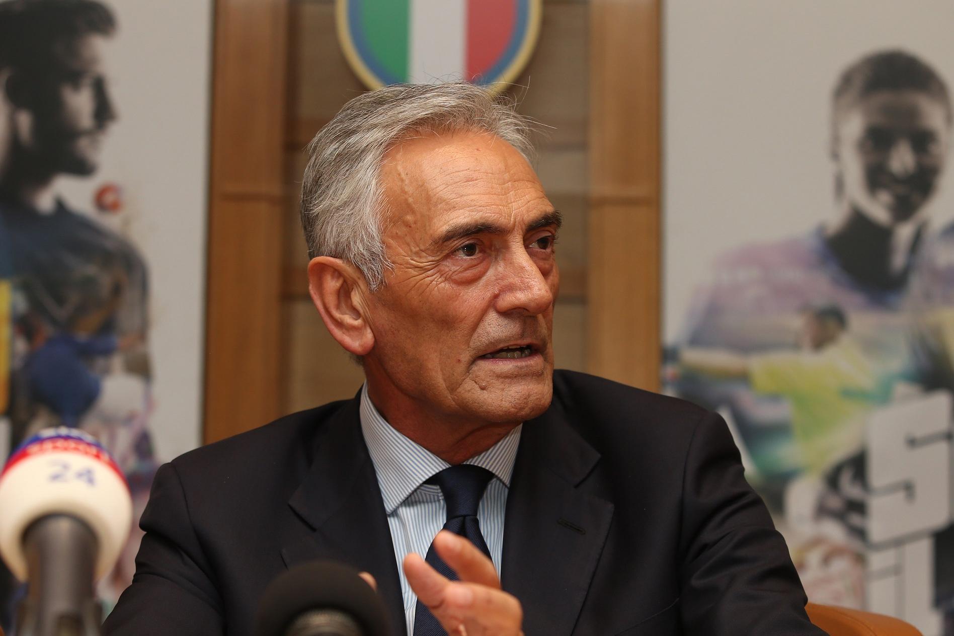 ROME, ITALY - NOVEMBER 26:  Vice President Cosimo Sibilia and President Gabriele Gravina attens a press conference after the Italian Football Federation (FIGC) federal council meeting on November 26, 2018 in Rome, Italy.  (Photo by Paolo Bruno/Getty Images)