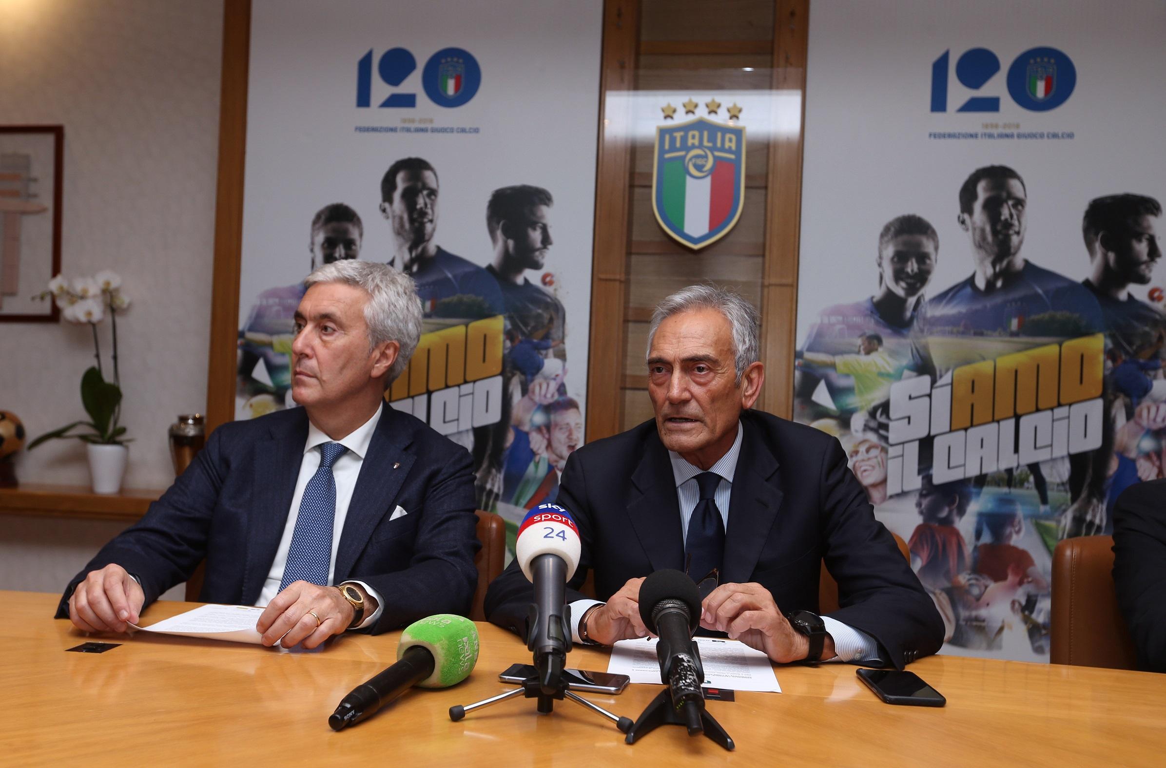 ROME, ITALY - NOVEMBER 26: Vice President Cosimo Sibilia and President Gabriele Gravina attens a press conference after the Italian Football Federation (FIGC) federal council meeting on November 26, 2018 in Rome, Italy. (Photo by Paolo Bruno/Getty Images)