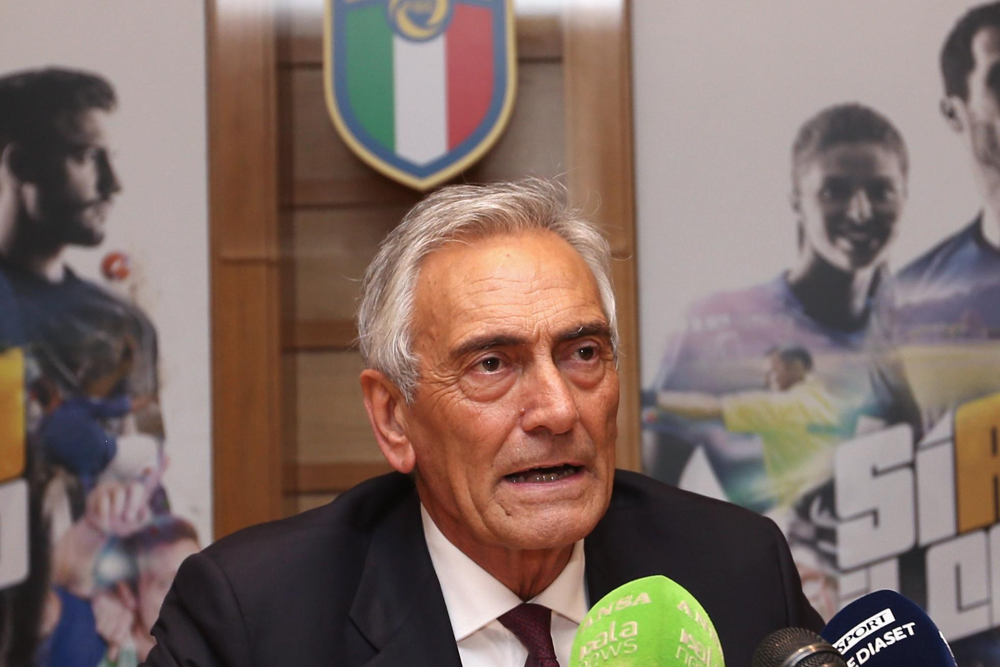ROME, ITALY - JANUARY 30:   FIGC President Gabriele Gravina attends the Italian Football federation (FIGC) press conference after the federal council meeting on January 30, 2019 in Rome, Italy.  (Photo by Paolo Bruno/Getty Images) *** Local Caption *** Gabriele Gravina
