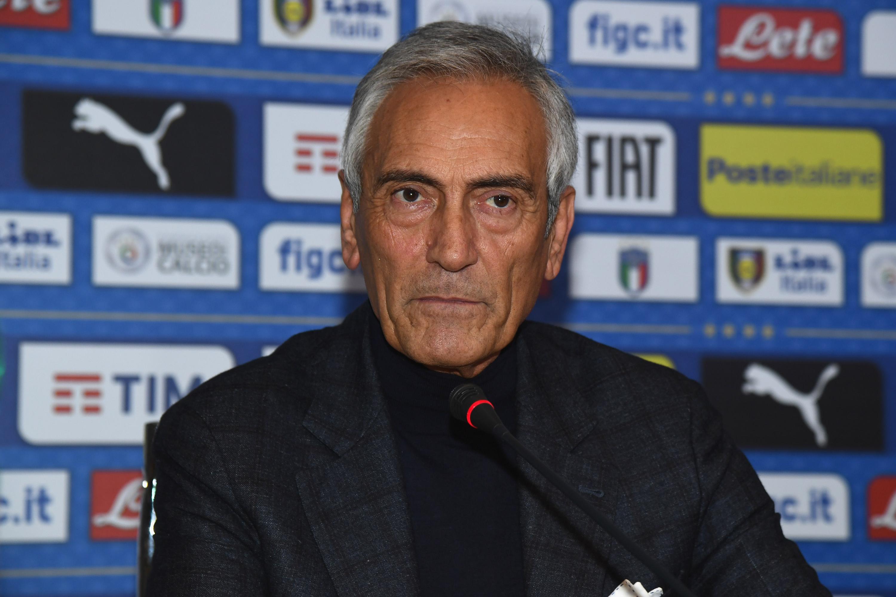 FLORENCE, ITALY - FEBRUARY 04:  FIGC President Gabriele Gravina speaks with the media during a press conference at Centro Tecnico Federale di Coverciano on February 4, 2019 in Florence, Italy.  (Photo by Claudio Villa/Getty Images)