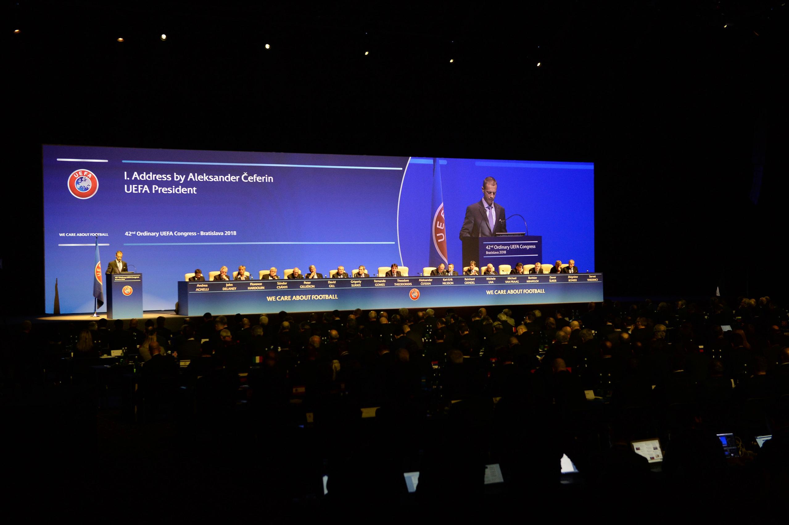 BRATISLAVA, SLOVAKIA - FEBRUARY 26: UEFA President Aleksander Ceferin speaking during the 42nd Ordinary UEFA Congress at the Incheba Expo on February 26, 2018 in Bratislava, Slovakia. (Photo by Paul Murphy - UEFA)