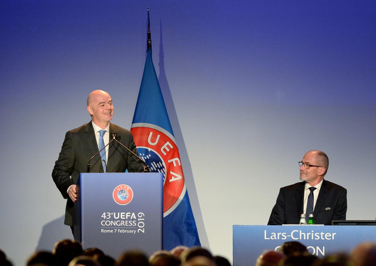 ROME, ITALY - FEBRUARY 07: FIFA President Gianni Infantino speaking on stage during the UEFA Congress at Hotel Cavalieri on February 7, 2019 in Rome, Italy. (Photo by Paul Murphy - UEFA/UEFA via Getty Images)