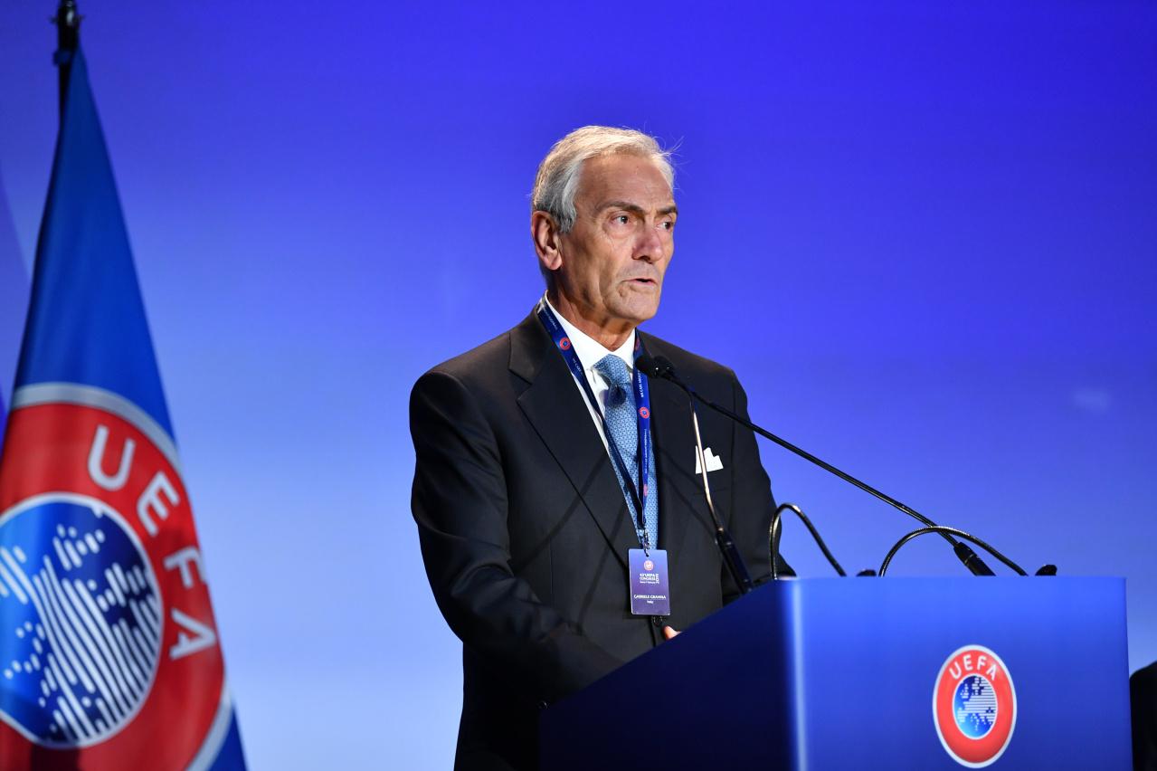 ROME, ITALY - FEBRUARY 07: Gabriele Gravina, President of the Italian Football Association, speaking during the UEFA Congress at Hotel Cavalieri on February 7, 2019 in Rome, Italy. (Photo by Harold Cunningham - UEFA/UEFA via Getty Images)