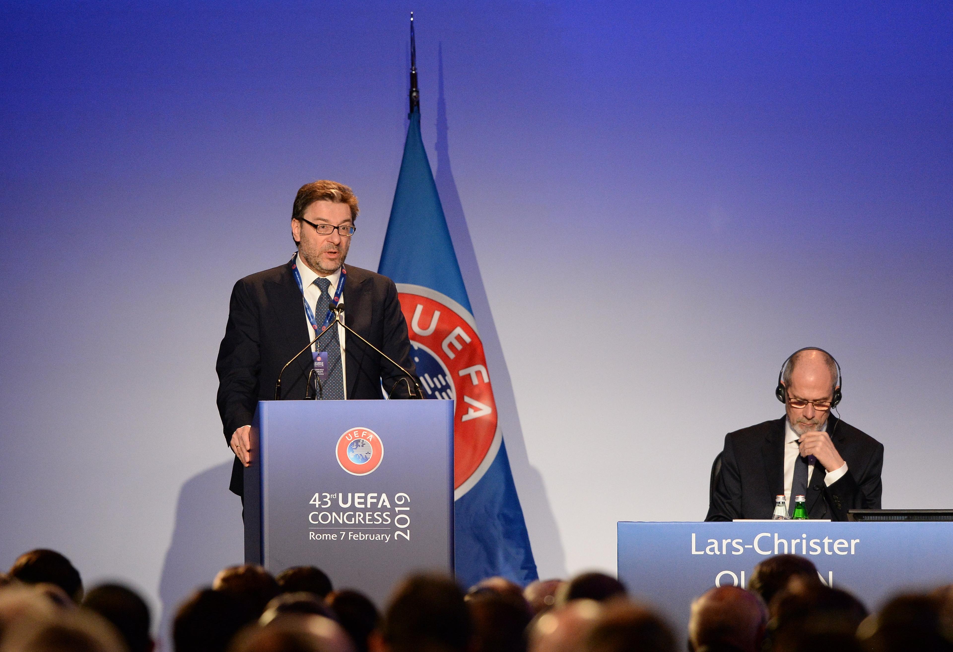 ROME, ITALY - FEBRUARY 07: Giancarlo Giorgetti, State Secretary to the Prime Minister of Italy, on stage during the UEFA Congress at Hotel Cavalieri on February 7, 2019 in Rome, Italy. (Photo by Paul Murphy - UEFA/UEFA via Getty Images)