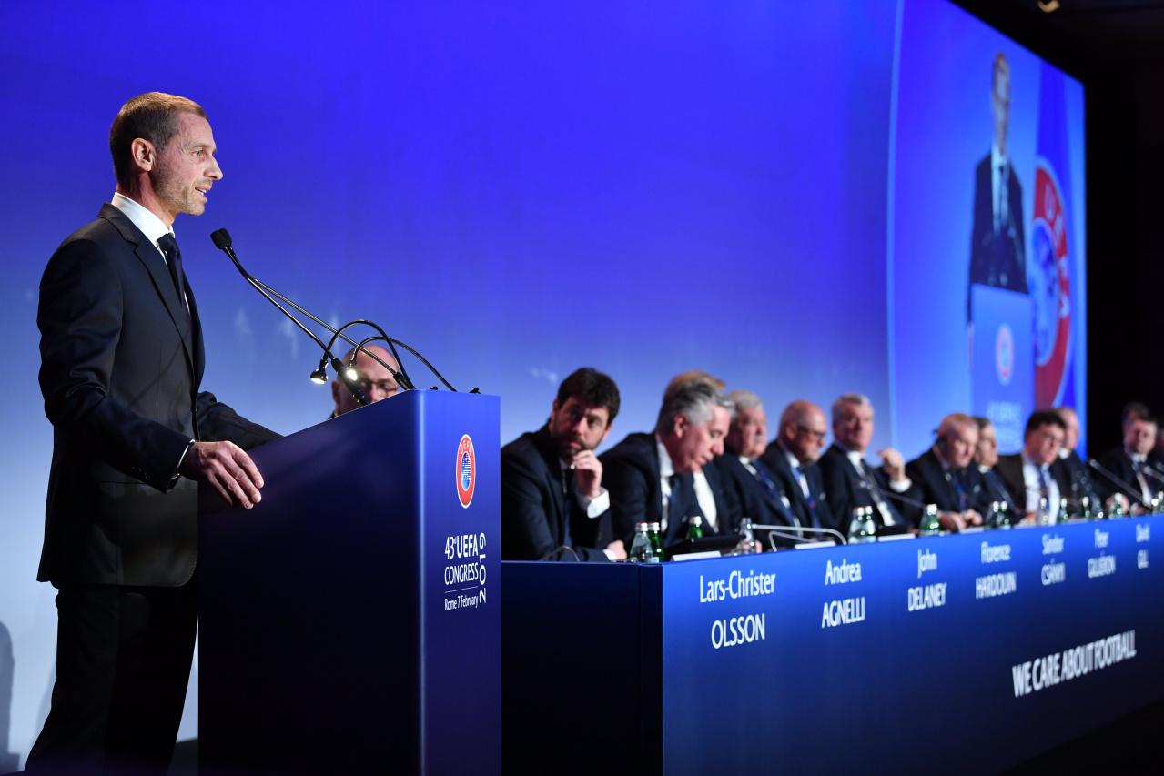 ROME, ITALY - FEBRUARY 07: UEFA President Aleksander Ceferin speaking during the UEFA Congress at Hotel Cavalieri on February 7, 2019 in Rome, Italy. (Photo by Harold Cunningham - UEFA/UEFA via Getty Images)