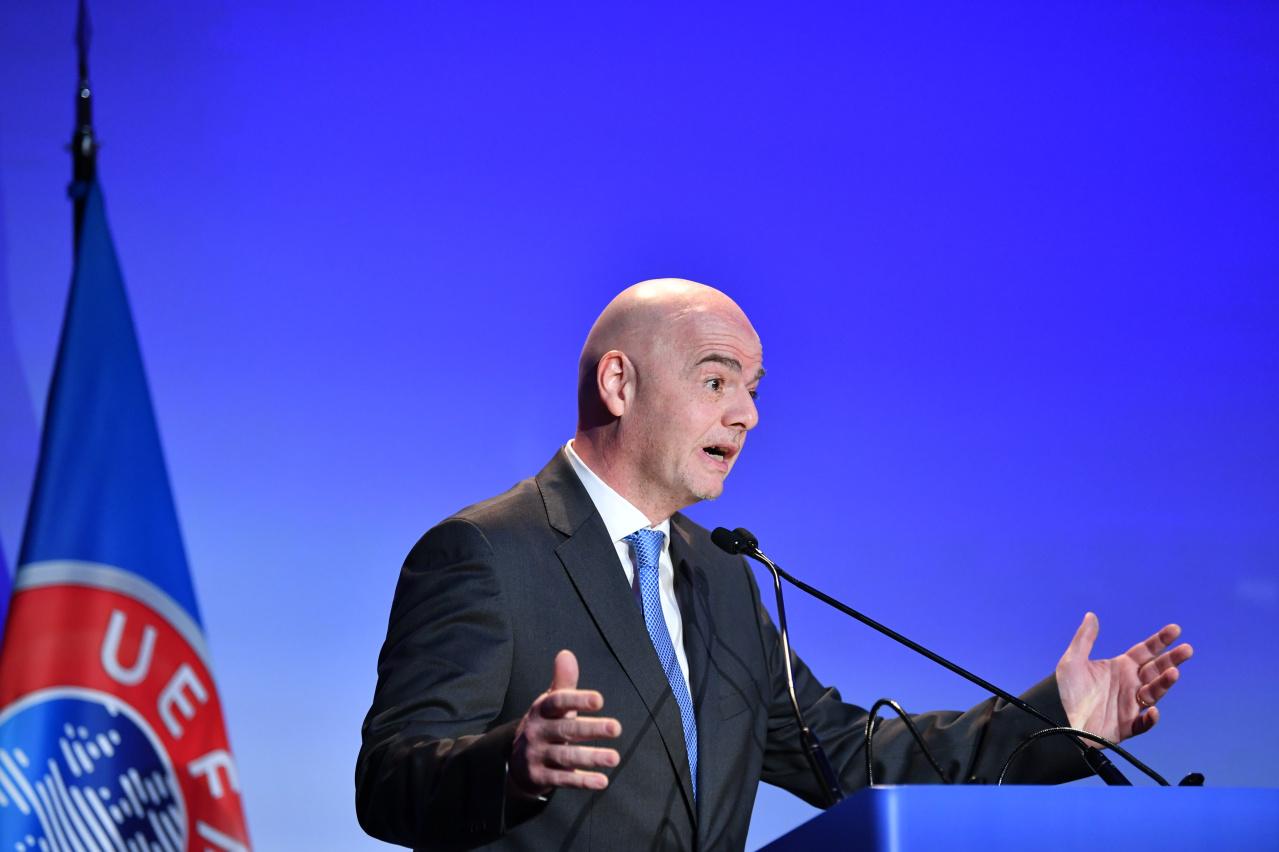 ROME, ITALY - FEBRUARY 07: FIFA President Gianni Infantino speaking on stage during the UEFA Congress at Hotel Cavalieri on February 7, 2019 in Rome, Italy. (Photo by Harold Cunningham - UEFA/UEFA via Getty Images)