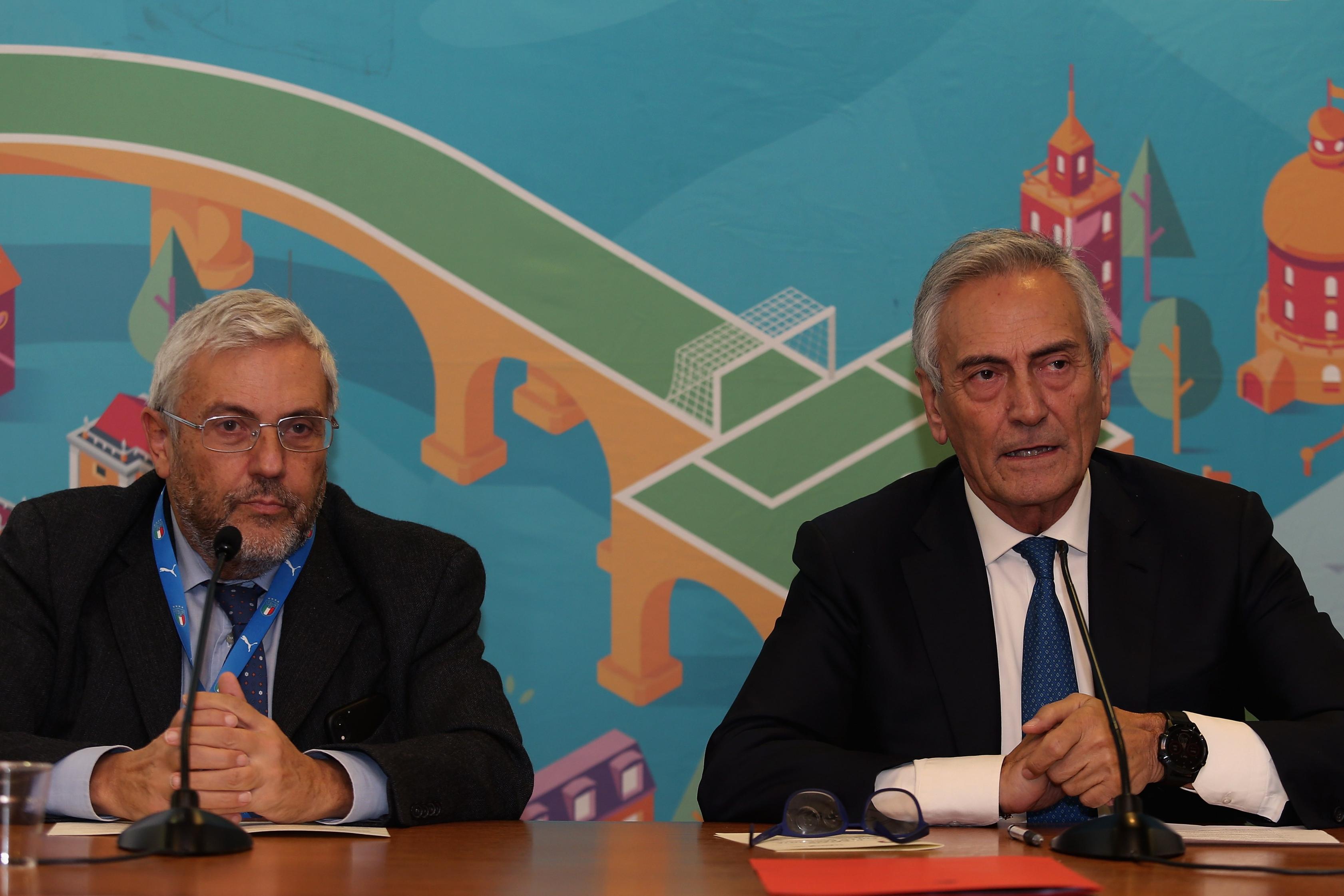 ROME, ITALY - DECEMBER 03:  (L-R) ODG President Carlo Verna and FIGC President Gabriele Gravina attend the FIGC and Ussi press conference at Olimpico Stadium on December 3, 2019 in Rome, Italy.  (Photo by Paolo Bruno/Getty Images) *** Local Caption *** Gabriele Gravina; Carlo Verna