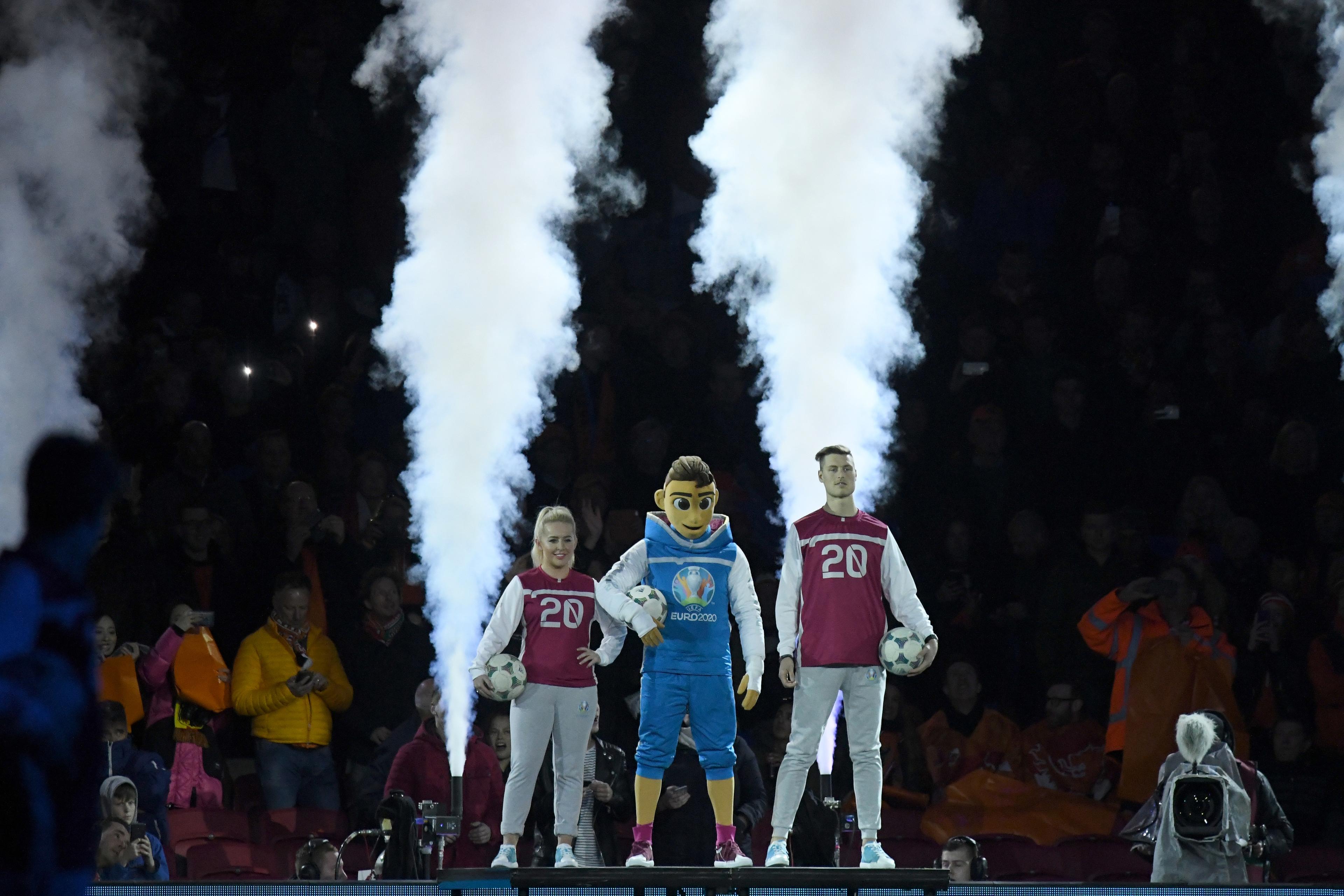 AMSTERDAM, NETHERLANDS - MARCH 24:  The mascot for the EURO 2020 is seen prior to the 2020 UEFA European Championships group C qualifying match between Netherlands and Germany at Johan Cruyff Arena on March 24, 2019 in Amsterdam, Netherlands. (Photo by Sebastian Widmann - UEFA/UEFA via Getty Images)