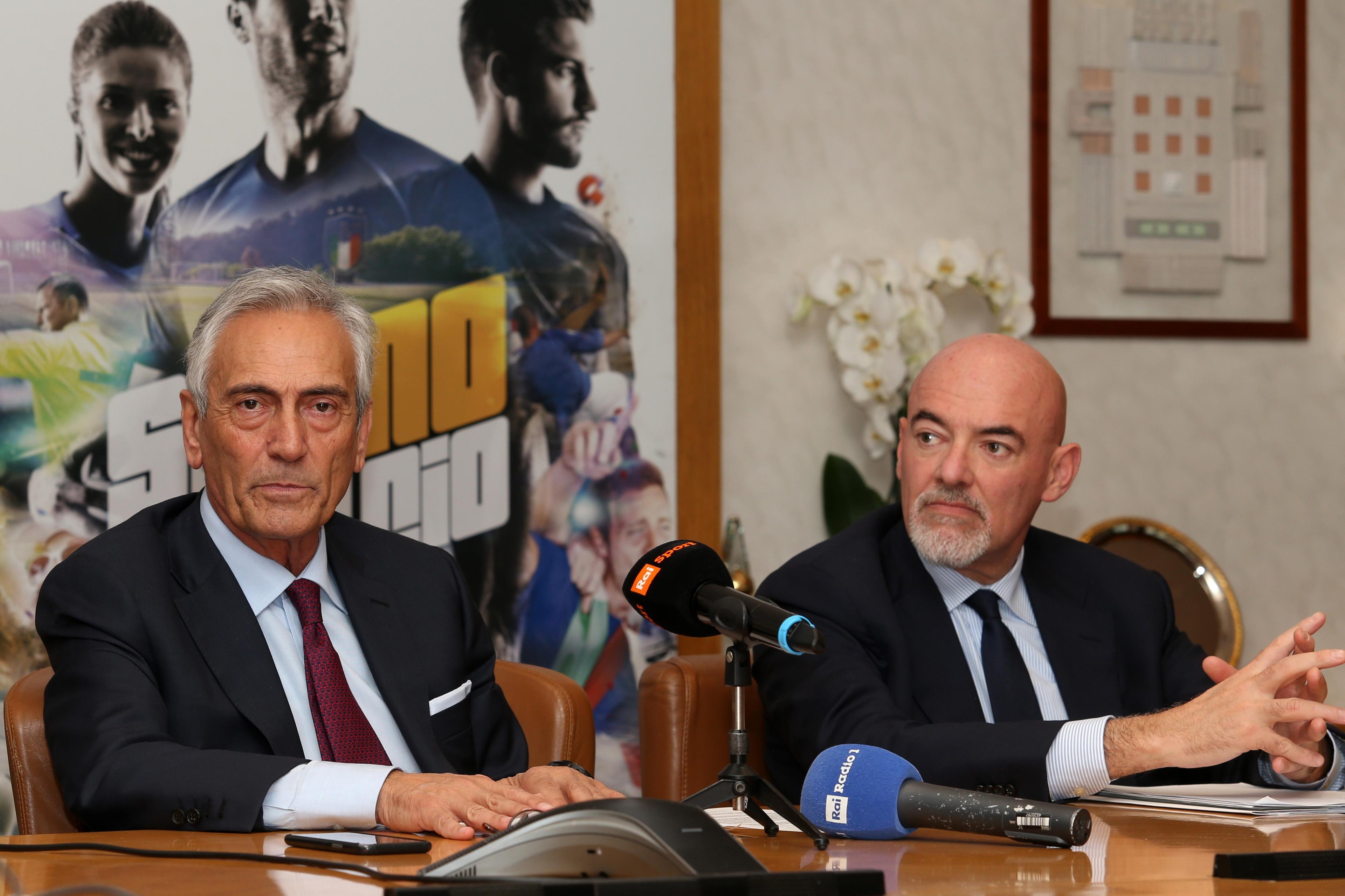 ROME, ITALY - MARCHROME, ITALY - APRIL 02:  Gabriele Gravina and Marco Brunelli during the FIGC Federal Council press conference on April 2, 2019 in Rome, Italy.  (Photo by Paolo Bruno/Getty Images)