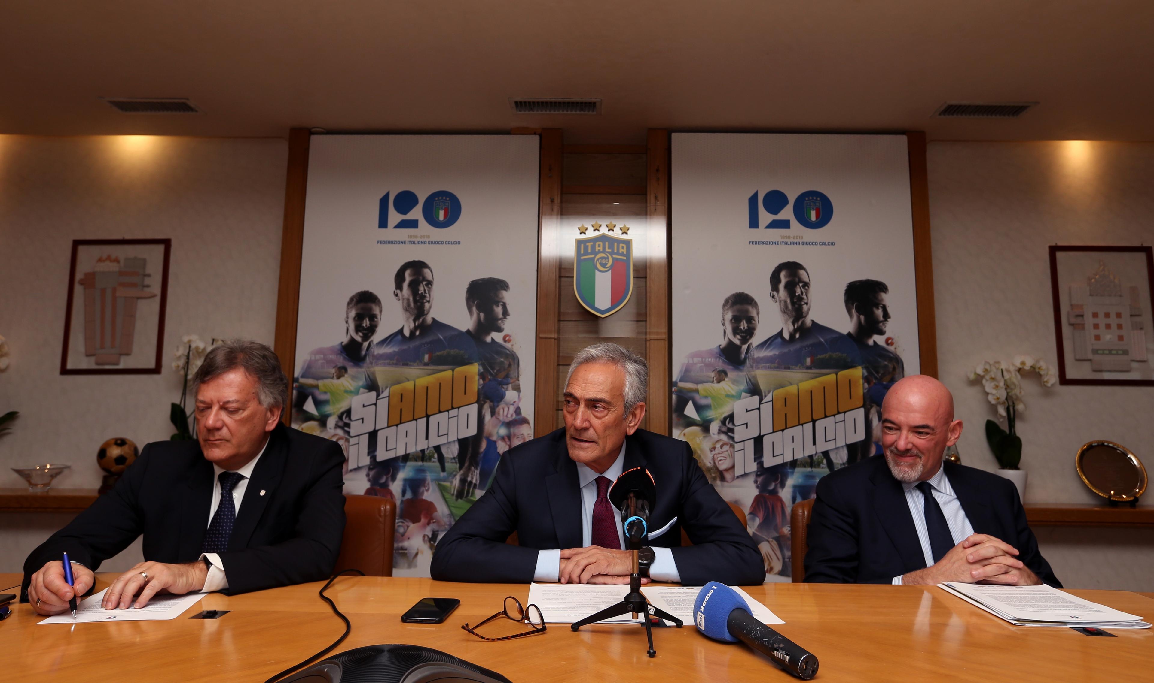 ROME, ITALY - MARCHROME, ITALY - APRIL 02: Gabriele Gravina and Marco Brunelli during the FIGC Federal Council press conference on April 2, 2019 in Rome, Italy. (Photo by Paolo Bruno/Getty Images)