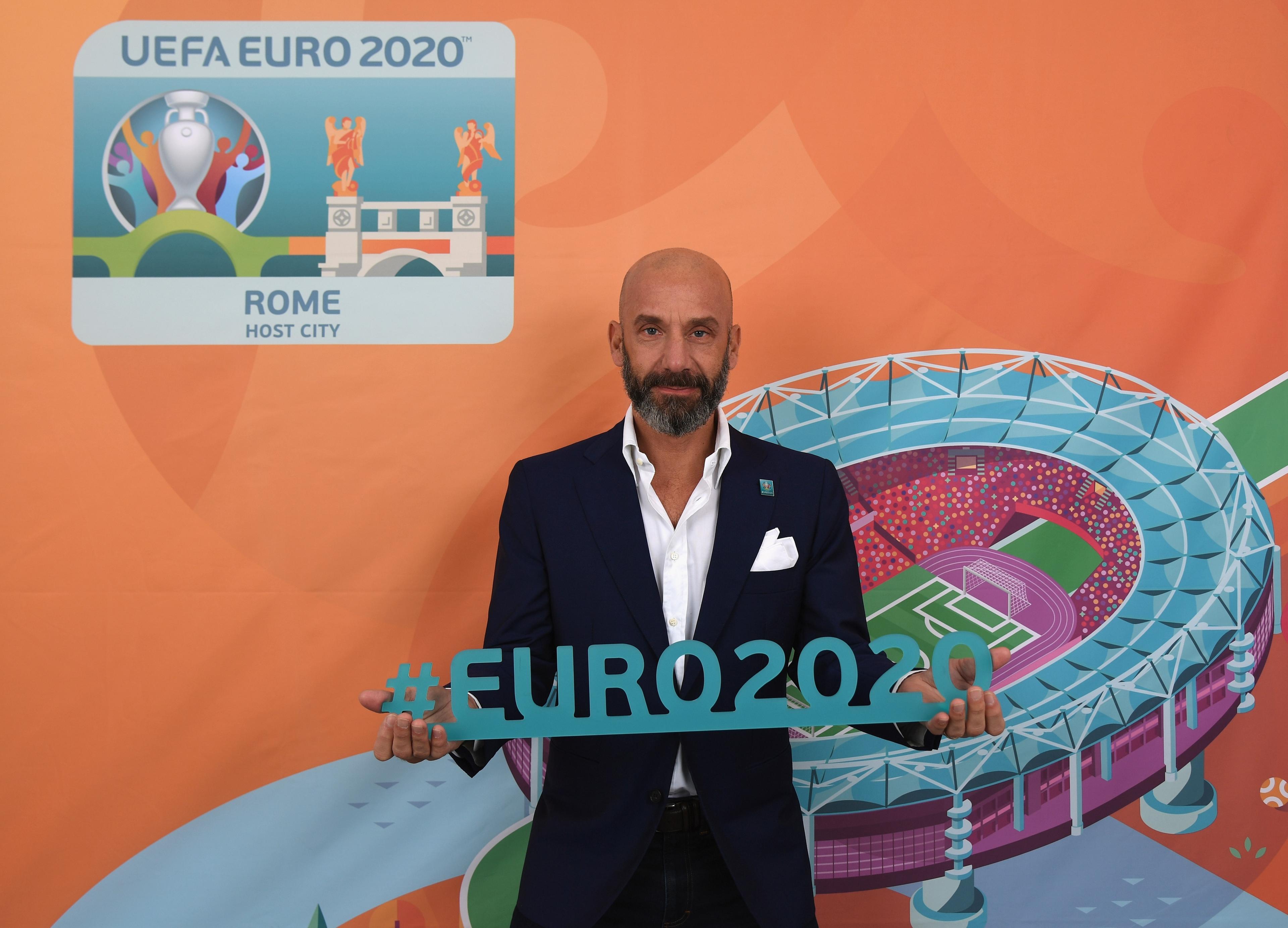 MILAN, ITALY - APRIL 26: Gianluca Vialli Ambassador of the Volunteers of Rome Euro 2020 poses for an exclusive photo shoot at Stadio Giuseppe Meazza on April 26, 2019 in Milan, Italy. (Photo by Claudio Villa/Getty Images)