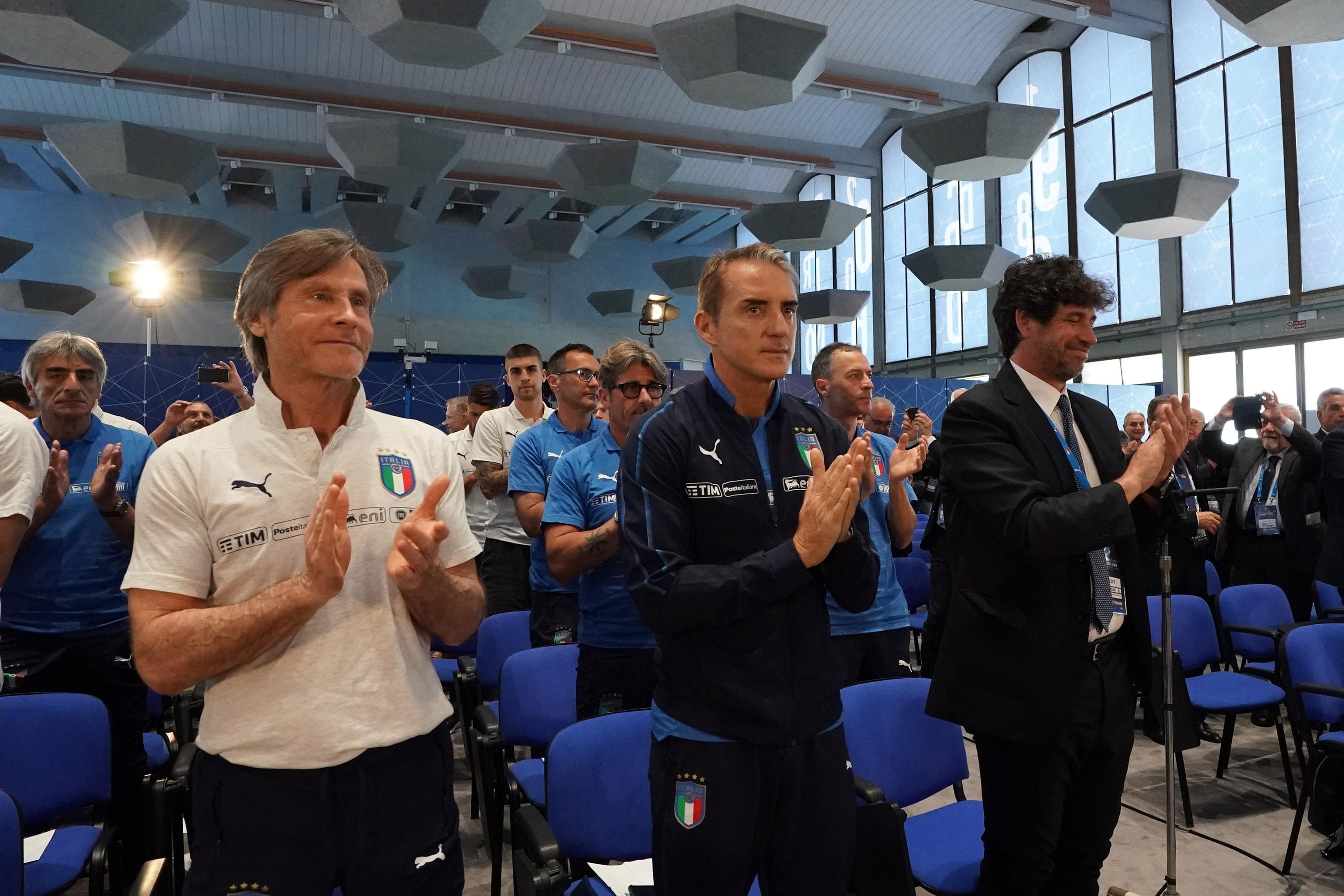 FLORENCE, ITALY - JUNE 04:  Club Manager Gabriele Oriali, head coach Italy Roberto Mancini and Demetrio Albertini attend FIGC Concert \"Inno Svelato Raccontato Agli Azzurri\" at Centro Tecnico Federale di Coverciano on June 4, 2019 in Florence, Italy.  (Photo by Claudio Villa/Getty Images)