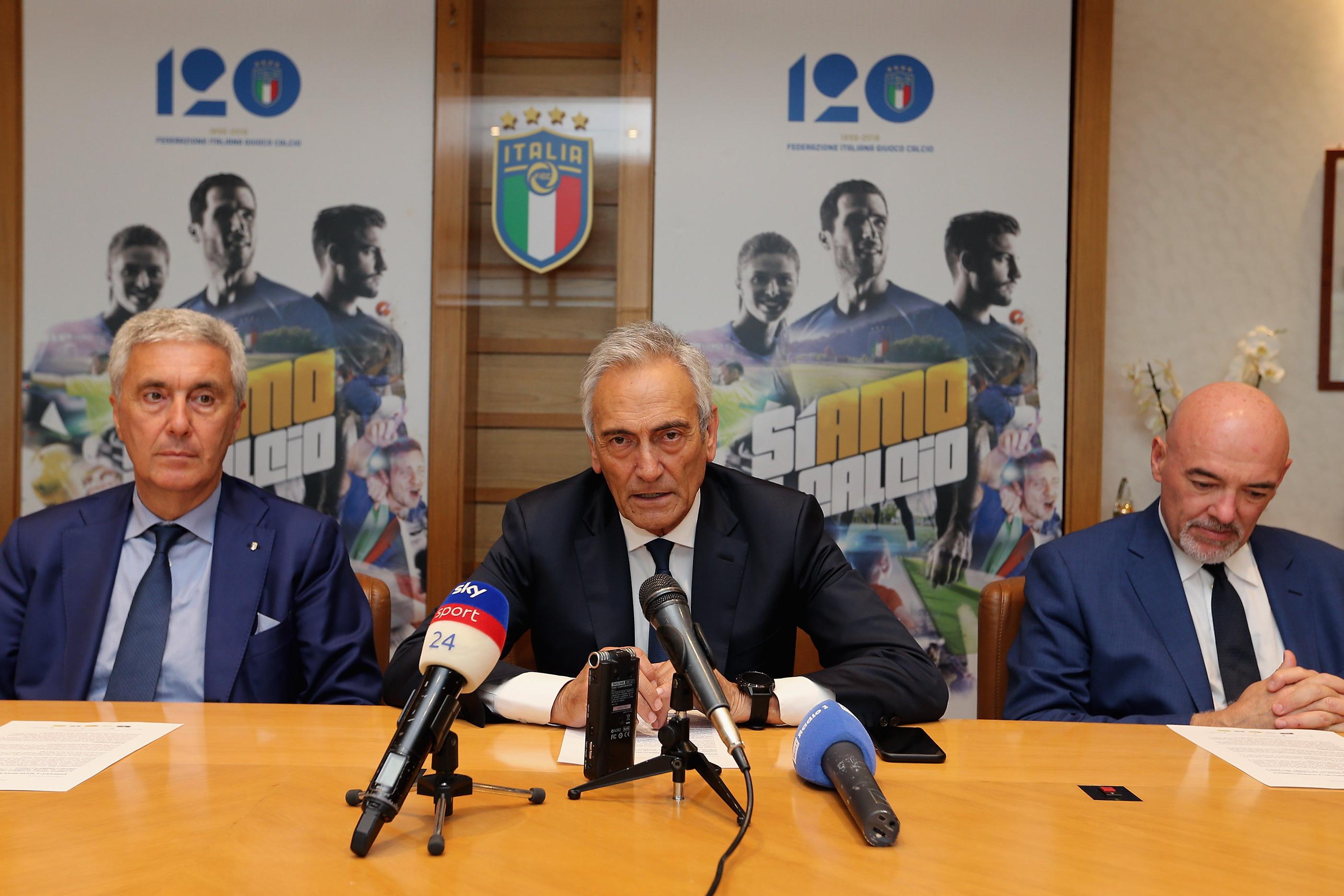 ROME, ITALY - JUNE 27:  (L-R)  FIGC Vice President Cosimo Sibilia, FIGC President Gabriele Gravina and General Director Marco Brunelli attend the press conference after the Italian Football Federation (FIGC) federal council meeting on June 27, 2019 in Rome, Italy.  (Photo by Paolo Bruno/Getty Images) *** Local Caption *** Cosimo Sibilia; Gabriele Gravina; Marco Brunelli