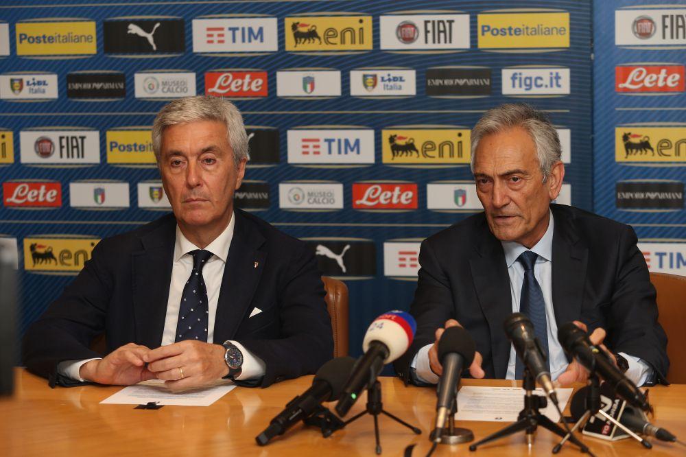ROME, ITALY - JULY 12: (L-R) FIGC Vice President Cosimo Sibilia and the President Gabriele Gravina attend the press conference after the Italian Football Federation ( FIGC) federal council meeting on July 12, 2019 in Rome, Italy.  (Photo by Paolo Bruno/Getty Images) *** Local Caption *** Cosimo Sibilia; Gabriele Gravina