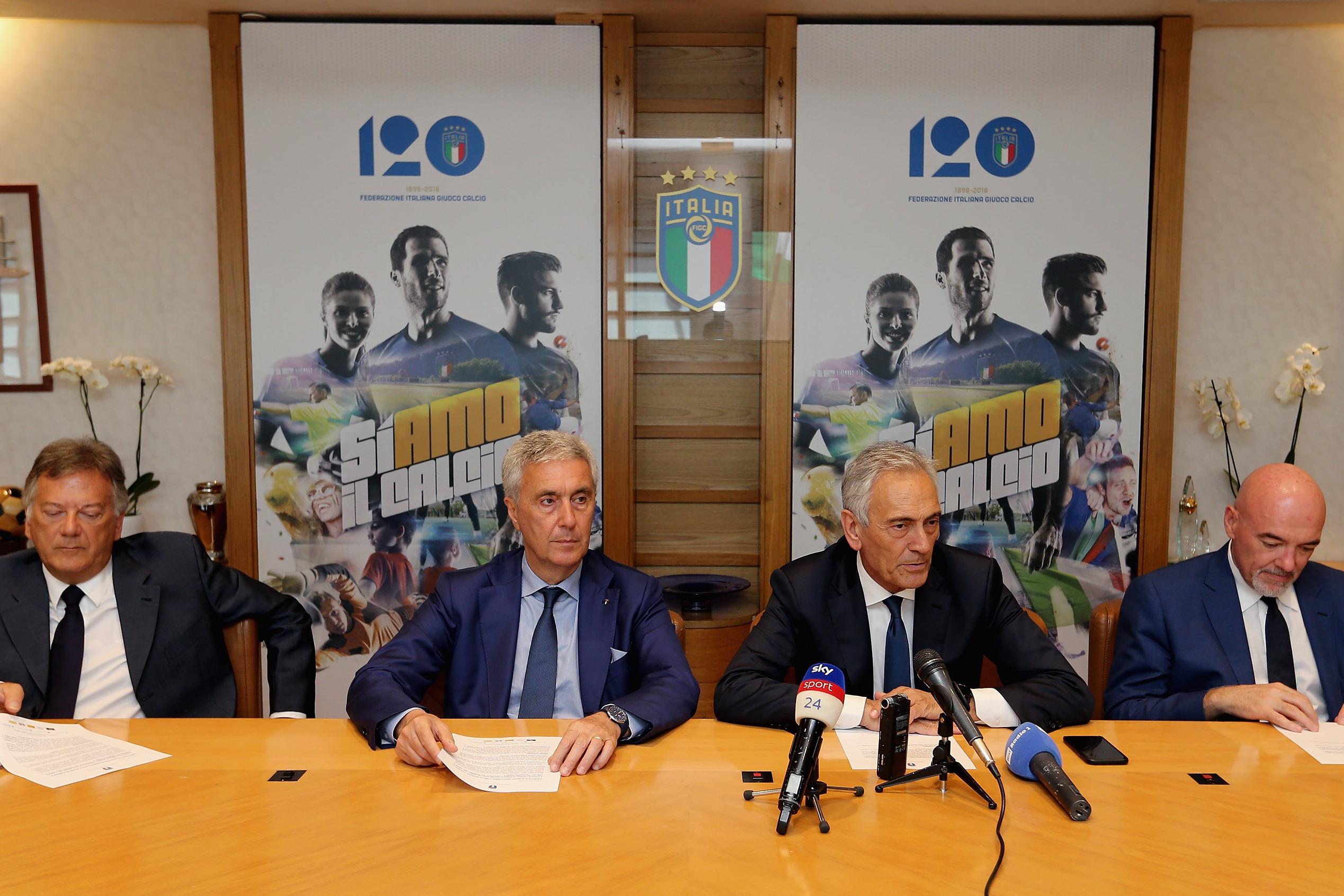 ROME, ITALY - JUNE 27:  (L-R) Antonio Di Sebastinao, FIGC Vice President Cosimo Sibilia, FIGC President Gabriele Gravina and General Director Marco Brunelli attend the press conference after the Italian Football Federation (FIGC) federal council meeting on June 27, 2019 in Rome, Italy.  (Photo by Paolo Bruno/Getty Images)