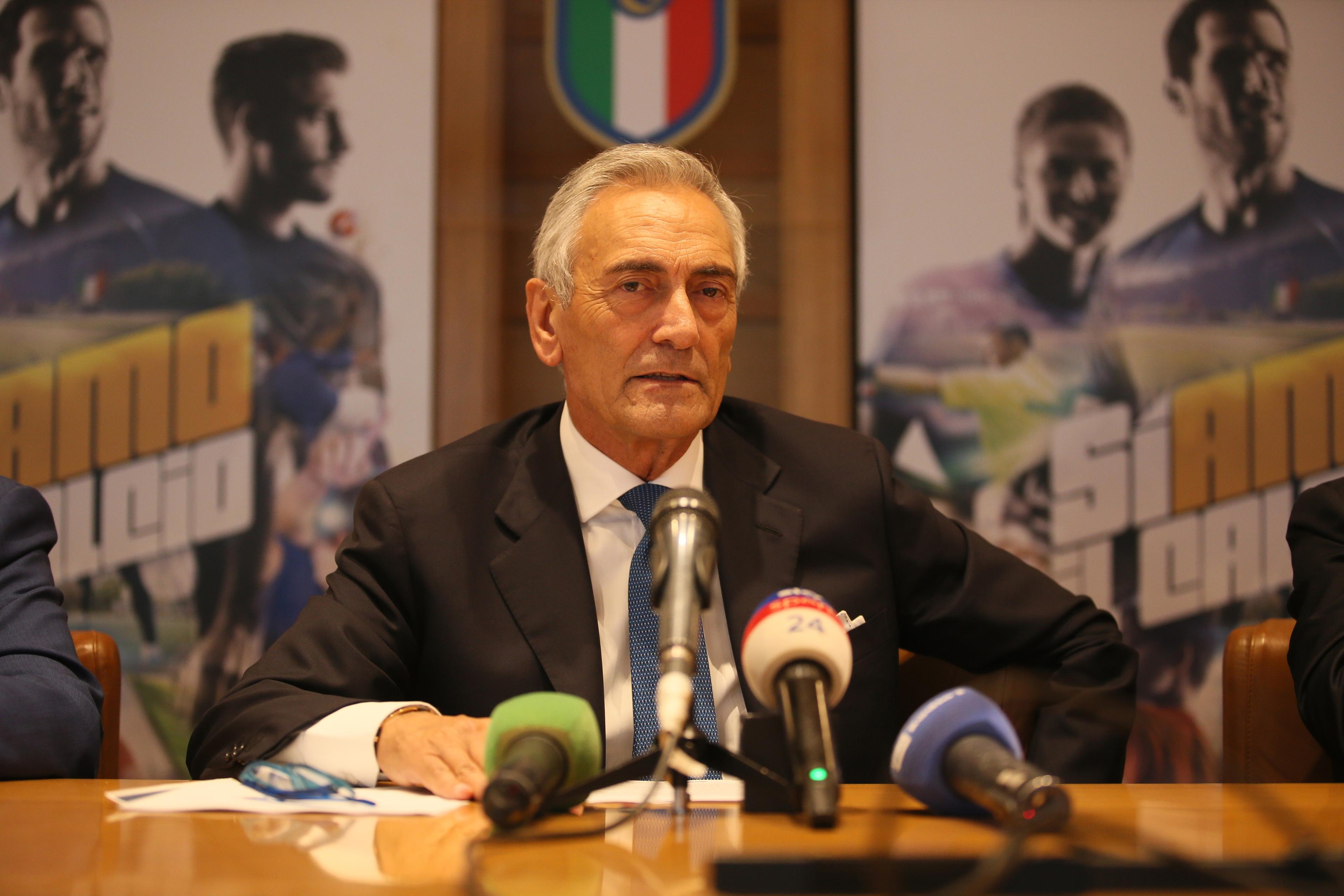 ROME, ITALY - OCTOBER 01: FIGC President Gabriele Gravina attends a press conference after the Italian Football  Federation (FIGC) federal council meeting on October 01, 2019 in Rome, Italy. (Photo by Giampiero Sposito/Getty Images)
