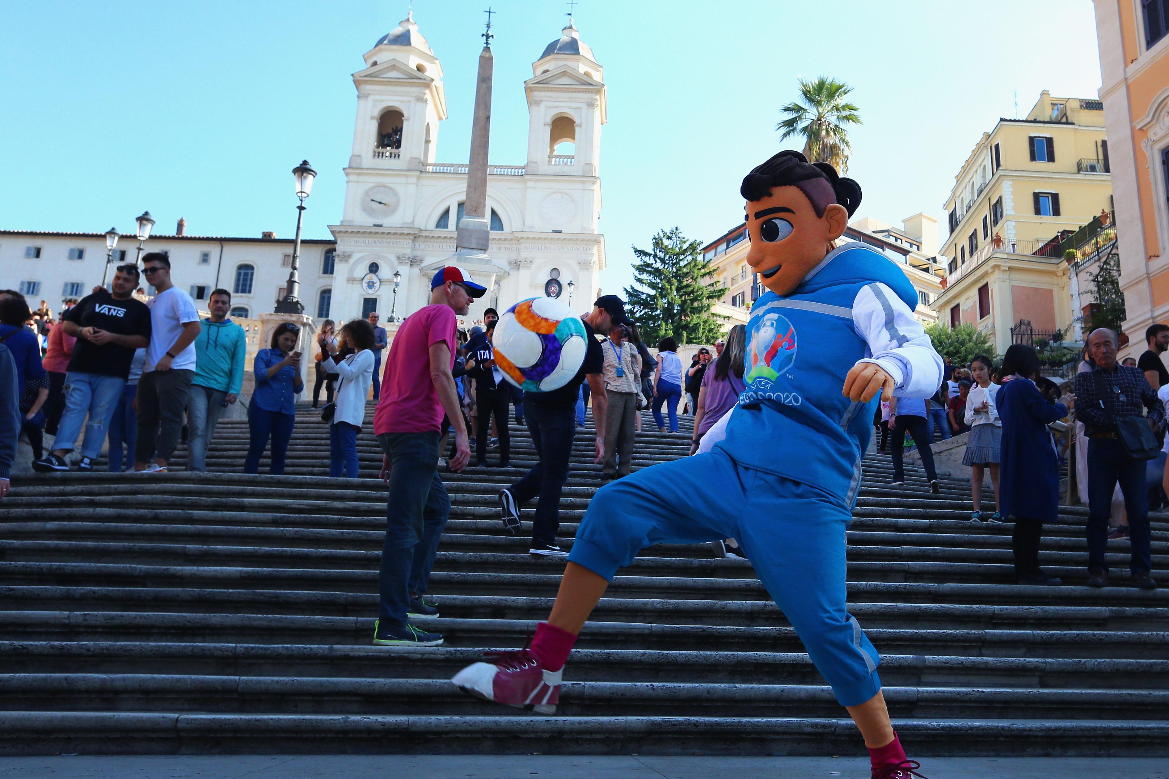 ROME, ITALY - OCTOBER 12:  Skillzy, the UEFA Euro 2020 mascot, photographed around the city on October 12, 2019 in Rome, Italy.  (Photo by Paolo Bruno/Getty Images)