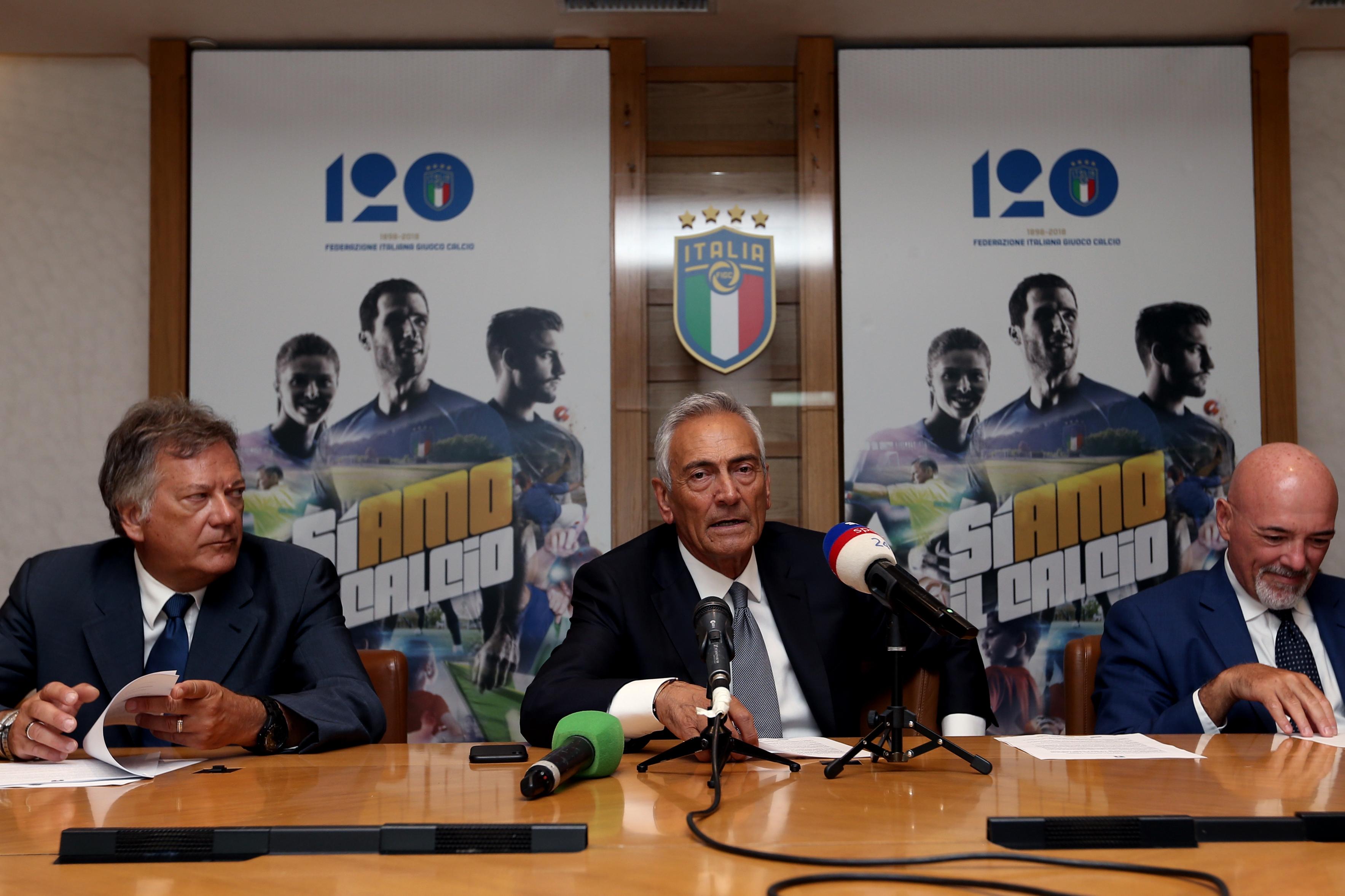 ROME, ITALY - JULY 30:  (L-R) FIGC Secretary Antonio Di Sebastiano,FIGC President Gabriele Gravina and General Director Marco Brunelli attend the press conference after the Italian Footbal Federation (FIGC) federal council meeting on July 30, 2019 in Rome, Italy.  (Photo by Paolo Bruno/Getty Images)