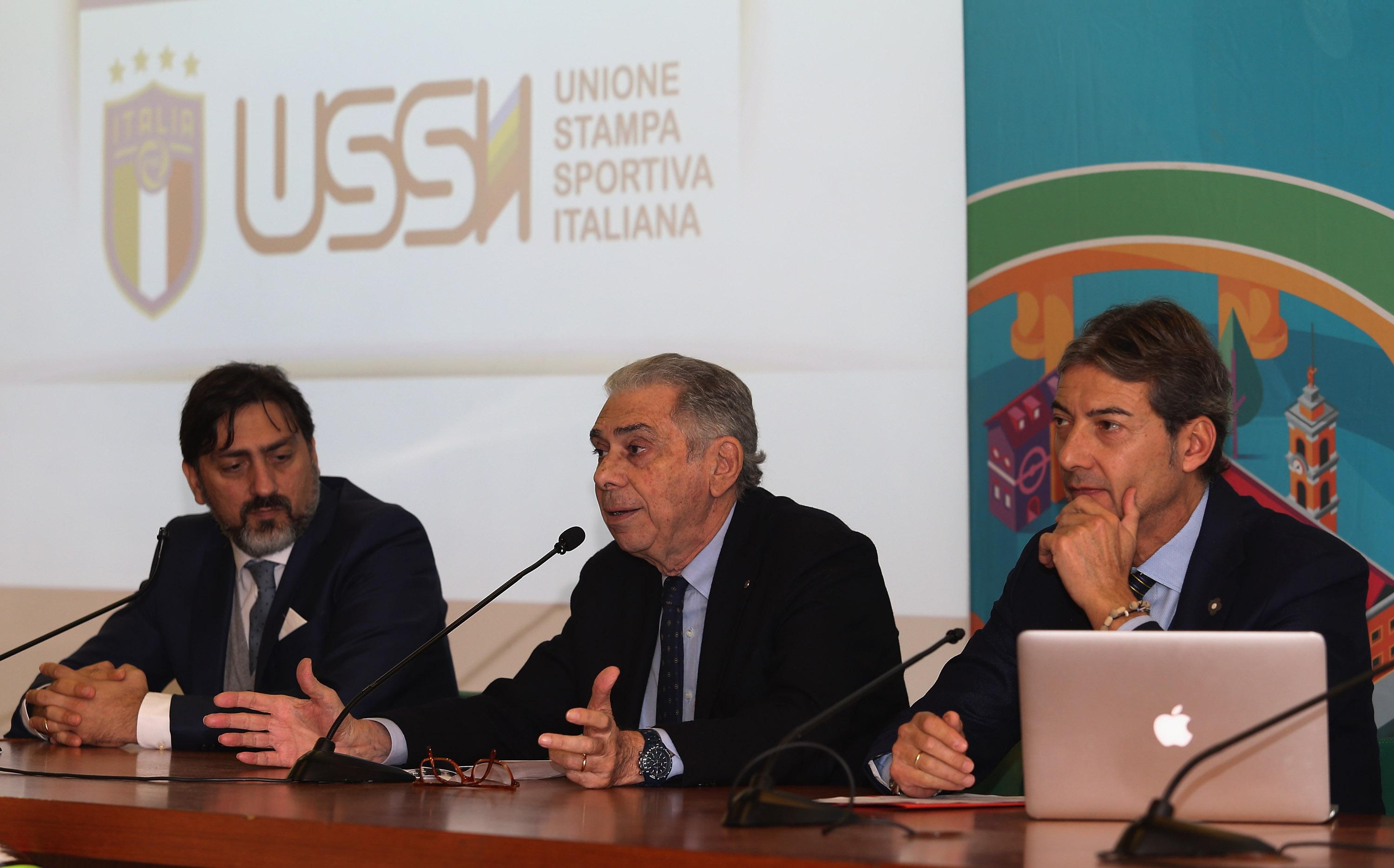 ROME, ITALY - DECEMBER 03: (L-R) Paolo Corbi, Luigi Ferrajolo and Guido Dubaldo attend the FIGC and Ussi press conference at Olimpico Stadium on December 3, 2019 in Rome, Italy. (Photo by Paolo Bruno/Getty Images) *** Local Caption *** Paolo Corbi; Luigi Ferrajolo; Guido Dubaldo