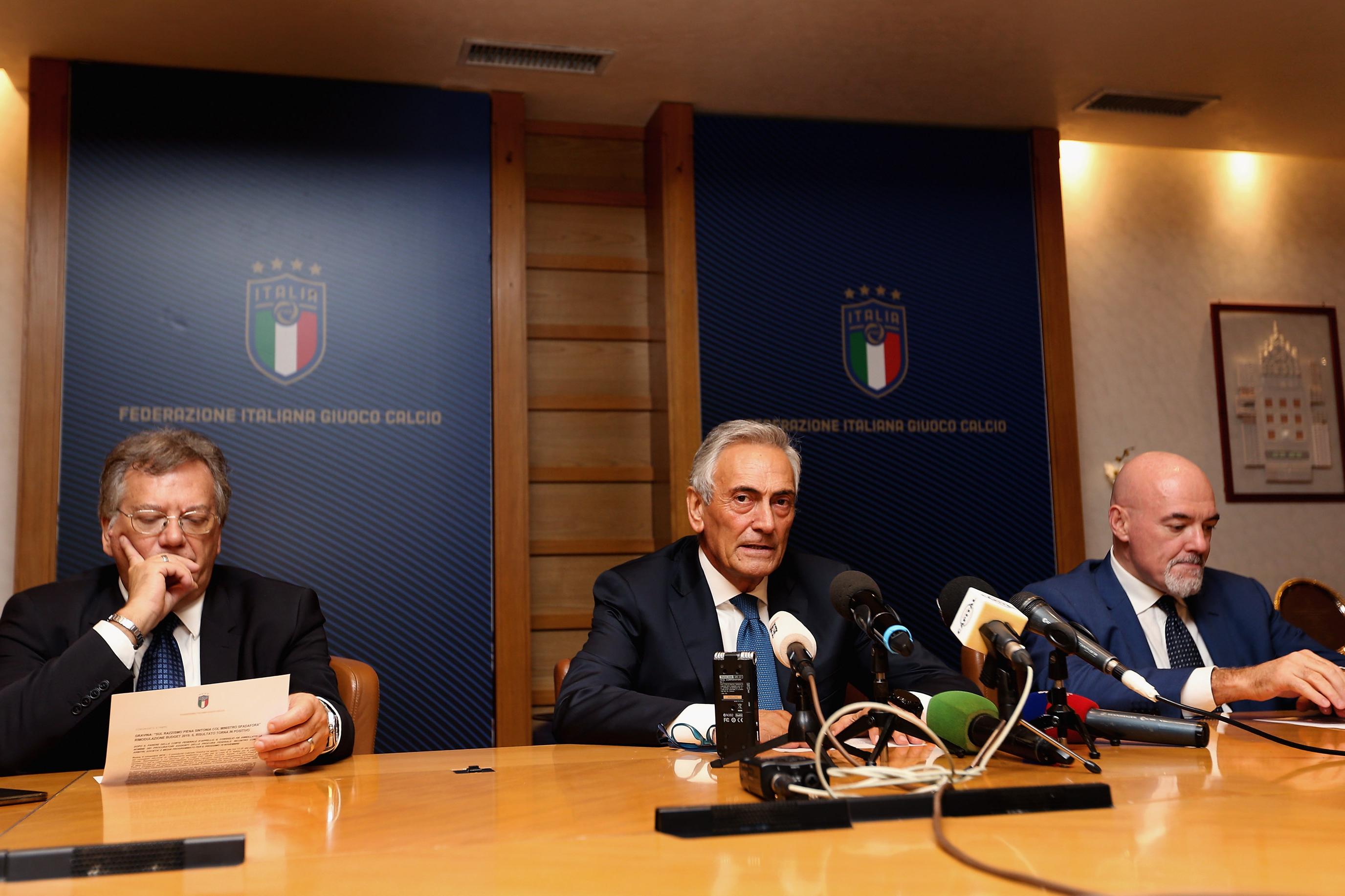 ROME, ITALY - NOVEMBER 05: FIGC Secretay Antonio Di Sebastiano, FIGC President Gabriele Gravina (C) and General Director Marco Brunelli attend a press conference after the Italian football federation (FIGC) Federal Council meeting on November 5, 2019 in Rome, Italy.  (Photo by Paolo Bruno/Getty Images)