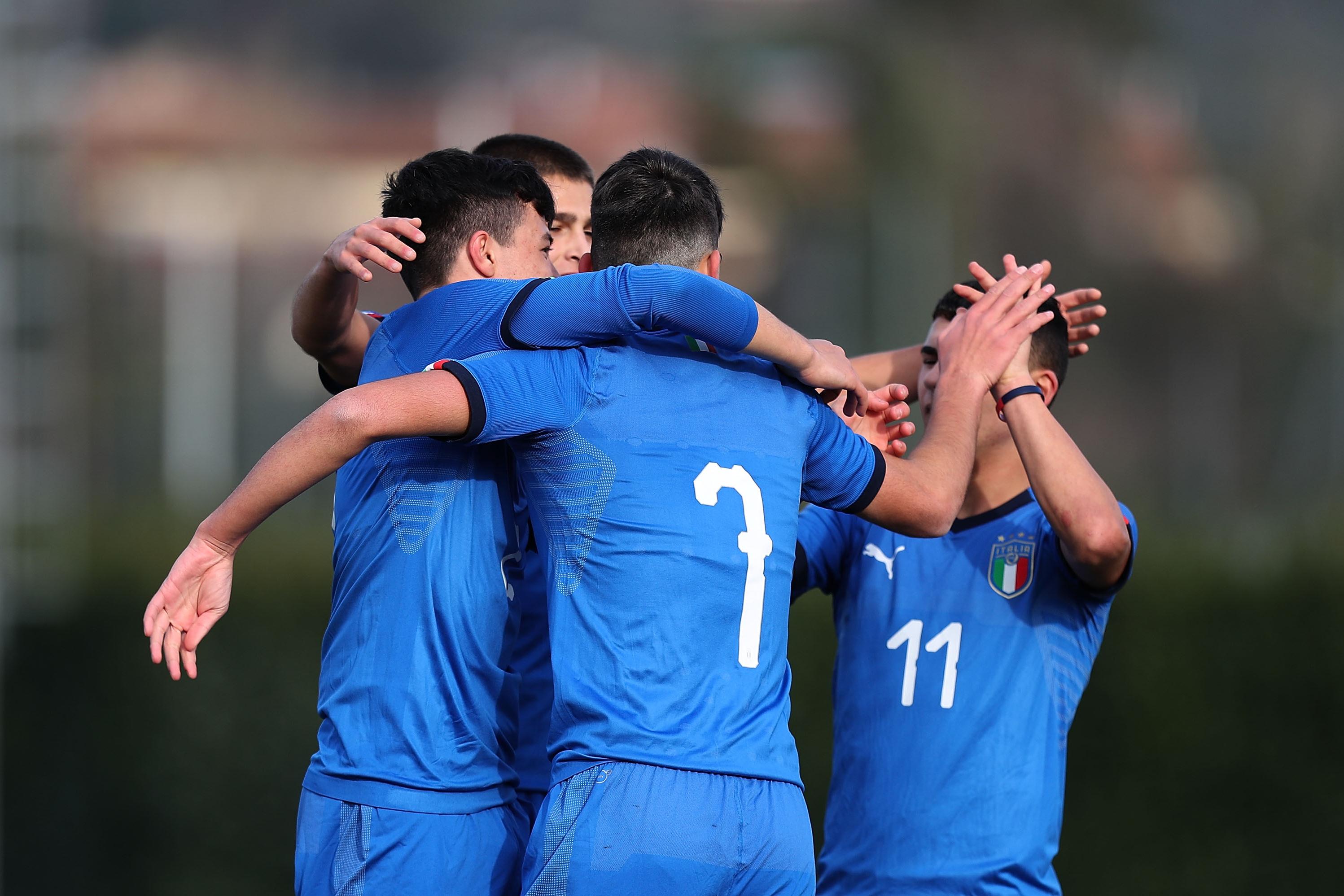 FLORENCE, ITALY - JANUARY 21: Giordano Rossi #7 of Italy U16 celebrates after scoring a goal during the U16 International Friendly match bewtween Italy and Qatar at Centro Tecnico Federale di Coverciano on January 21, 2020 in Florence, Italy.  (Photo by Gabriele Maltinti/Getty Images)