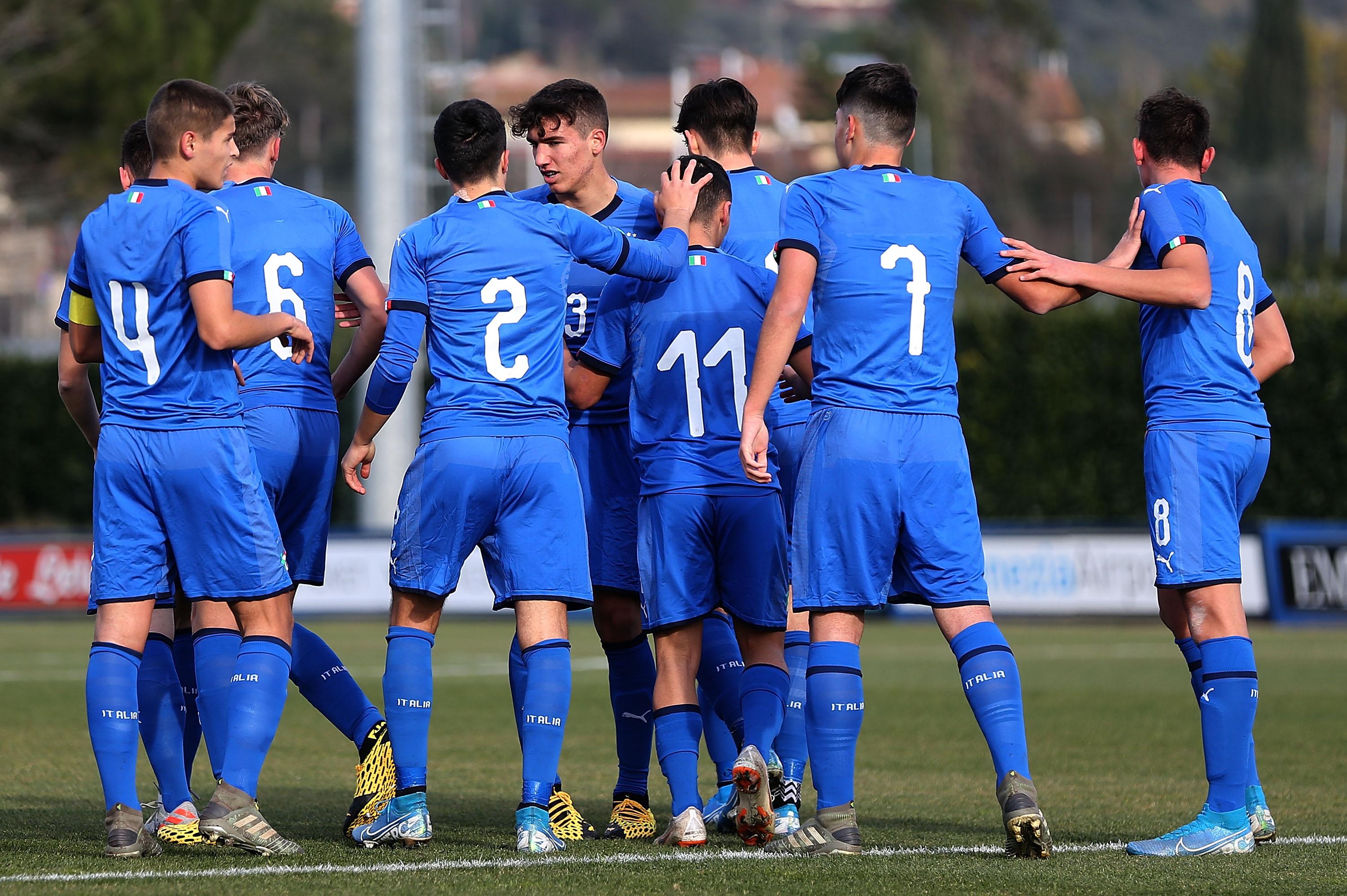 FLORENCE, ITALY - JANUARY 21: Giordano Rossi #7 of Italy U16 celebrates after scoring a goal during the U16 International Friendly match bewtween Italy and Qatar at Centro Tecnico Federale di Coverciano on January 21, 2020 in Florence, Italy. (Photo by Gabriele Maltinti/Getty Images)