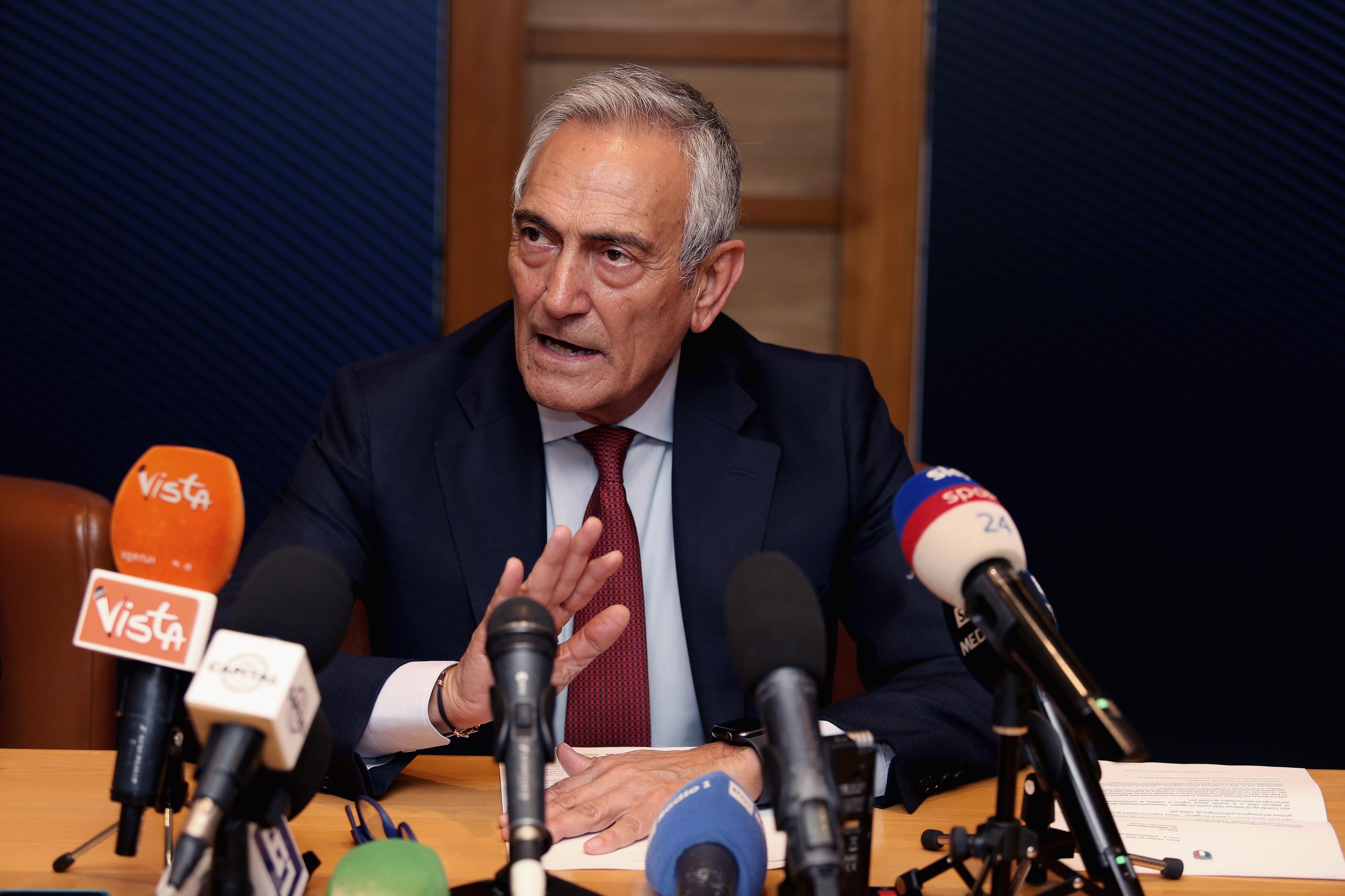 ROME, ITALY - FEBRUARY 24:  FIGC President Gabriele Gravina attends the press conference after the Italian Football Federation (FIGC) federal council meeting on February 24, 2020 in Rome, Italy.  (Photo by Paolo Bruno/Getty Images)