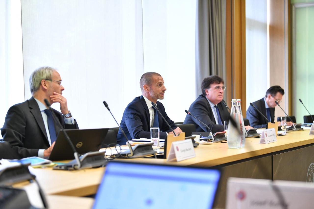 NYON, SWITZERLAND - JUNE 17: (L-R) UEFA Deputy General Secretary Giorgio Marchetti, UEFA President Aleksander Ceferin, UEFA General Secretary Theodore Theodoridis and UEFA Events CEO Martin Kallen during the UEFA Executive Committee meeting at the UEFA headquarters, The House of European Football on June 17, 2020 in Nyon, Switzerland. (Photo by Harold Cunningham - UEFA/UEFA via Getty Images)