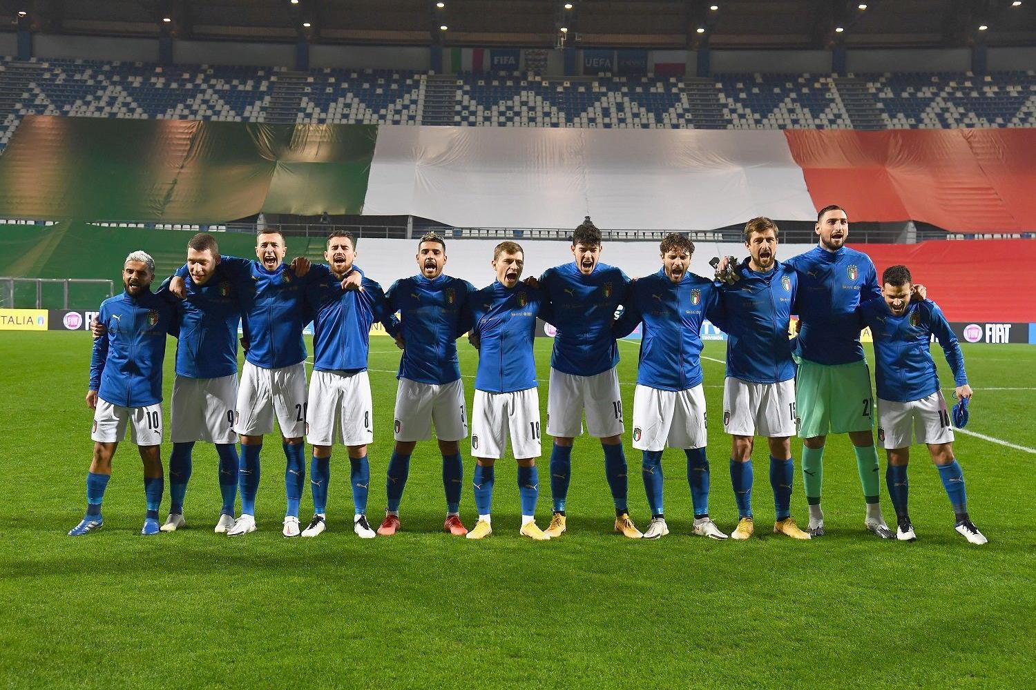 REGGIO NELL\\'EMILIA, ITALY - NOVEMBER 15: Italy before the UEFA Nations League group stage match between Italy and Poland at Mapei Stadium - Citta\\' del Tricolore on November 15, 2020 in Reggio nell\\'Emilia, Italy. (Photo by Claudio Villa/Getty Images)