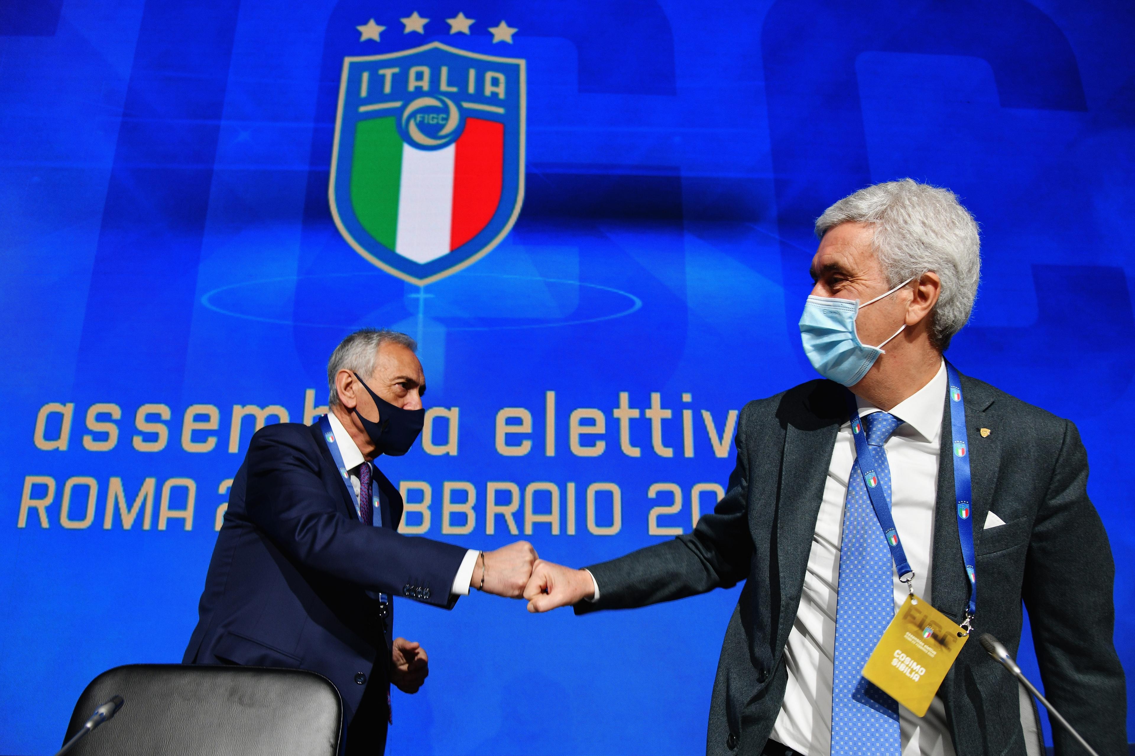 ROME, ITALY - FEBRUARY 22: (L-R) FIGC President Gabriele Gravina and Vice President Cosimo Sibilia attend the FIGC Elective Assembly at Cavalieri Waldorf Astoria Hotel on February 21, 2021 in Rome, Italy. (Photo by Marco Rosi/Getty Images) *** Local Caption *** Gabriele Gravina; Cosimo Sibilia