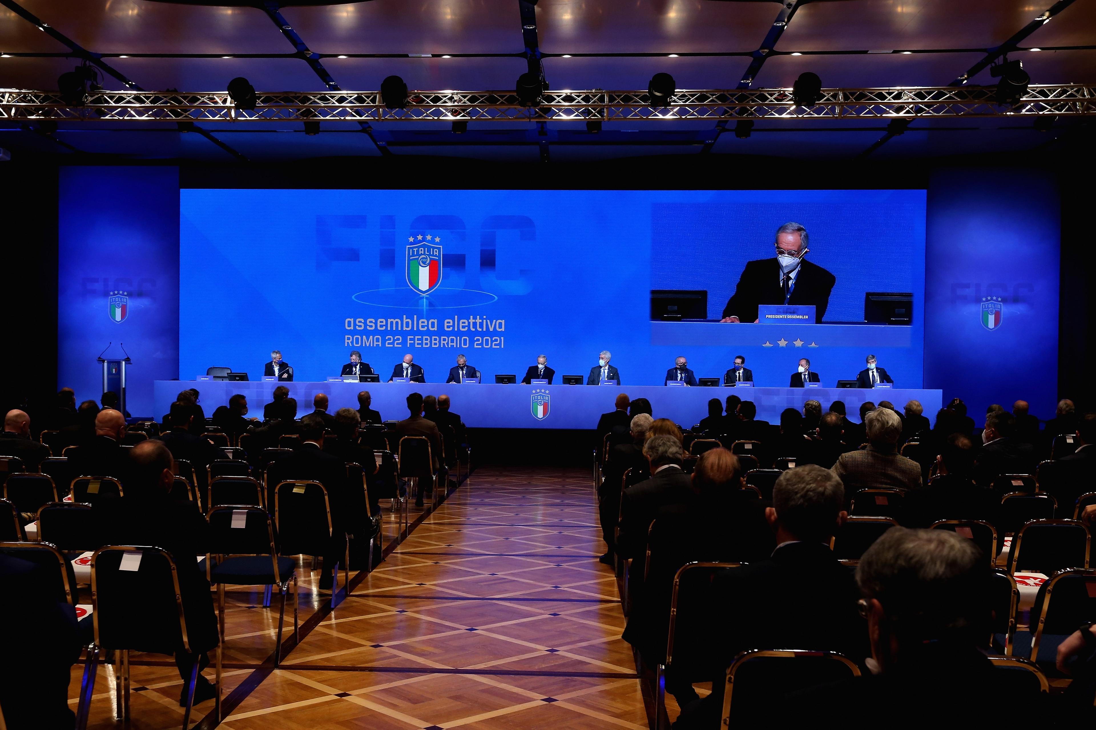 ROME, ITALY - FEBRUARY 22: A general view of the FIGC Elective Assembly at Cavalieri Waldorf Astoria Hotel on February 21, 2021 in Rome, Italy. (Photo by Paolo Bruno/Getty Images)