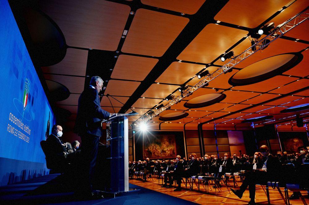 during the FIGC Elective Assembly at Cavalieri Waldorf Astoria Hotel on February 21, 2021 in Rome, Italy.