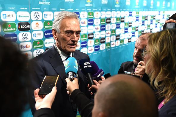 BUCHAREST, ROMANIA - NOVEMBER 30: Gabriele Gravina, President of the Italian Football Federation meets press members after the UEFA Euro 2020 Final Draw Ceremony on November 30, 2019 in Bucharest, Romania. (Photo by Tullio Puglia - UEFA/UEFA via Getty Images)