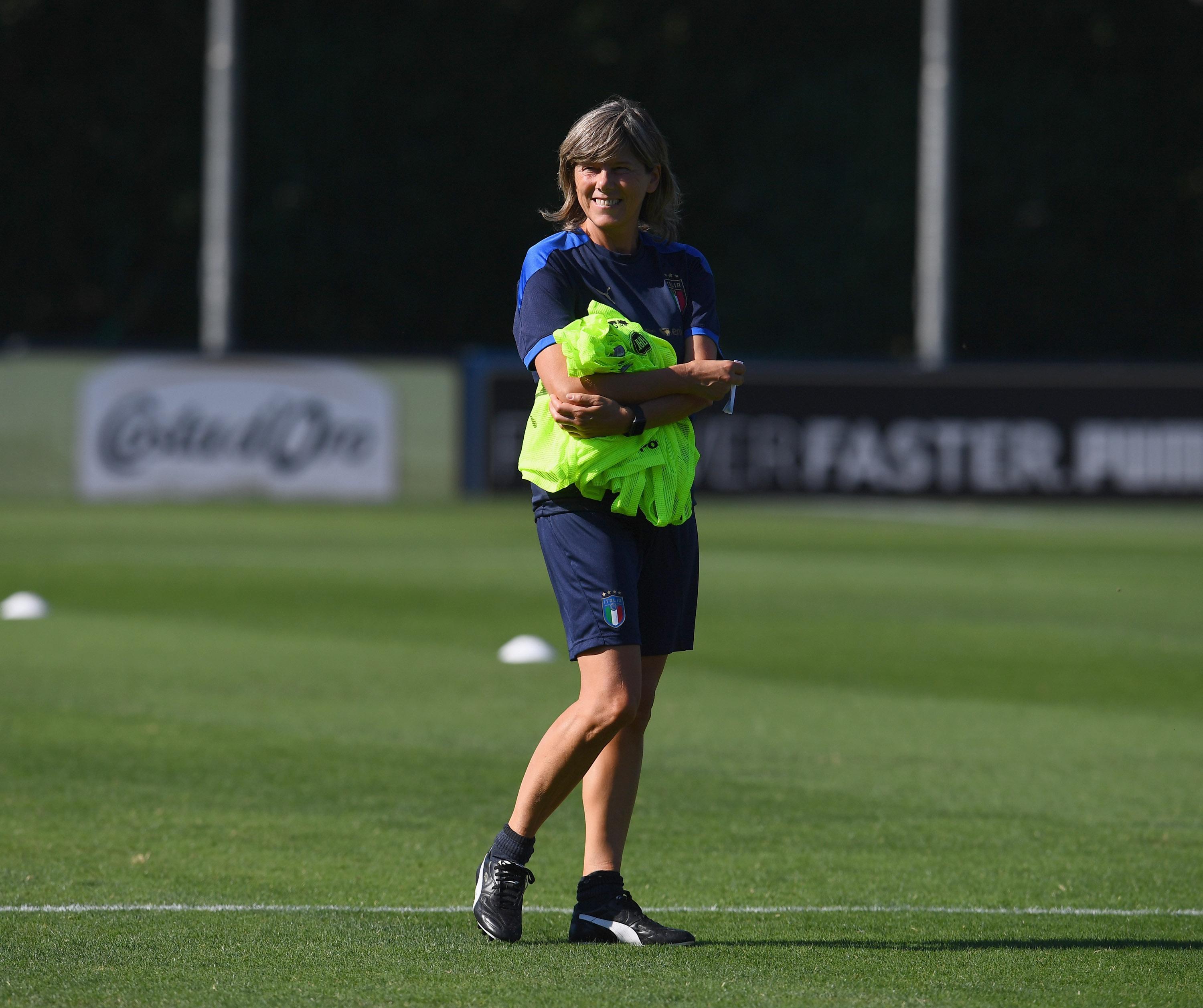 FLORENCE, ITALY - SEPTEMBER 12: Head coach Italy Milena Bertolini smiles during a training session at Centro Tecnico Federale di Coverciano on September 12, 2020 in Florence, Italy. (Photo by Claudio Villa/Getty Images) *** Local Caption *** Milena Bertolini