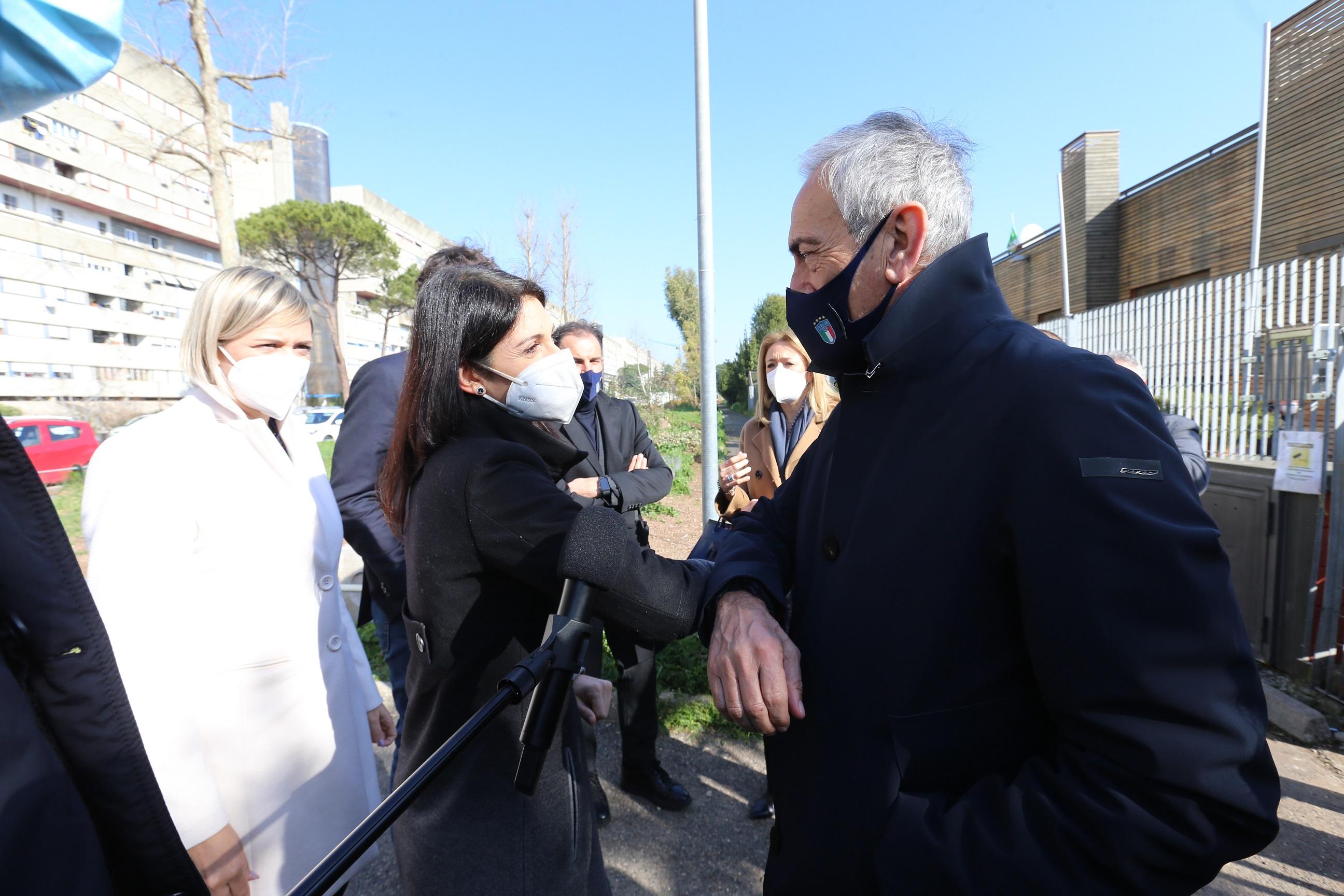 ROME, ITALY - FEBRUARY 23: FIGC President Gabriele Gravina and Roma Mayor Virginia Raggi meet \\\"il Calcio sociale\\\"on February 21, 2020 in Rome, Italy. (Photo by Paolo Bruno/Getty Images)