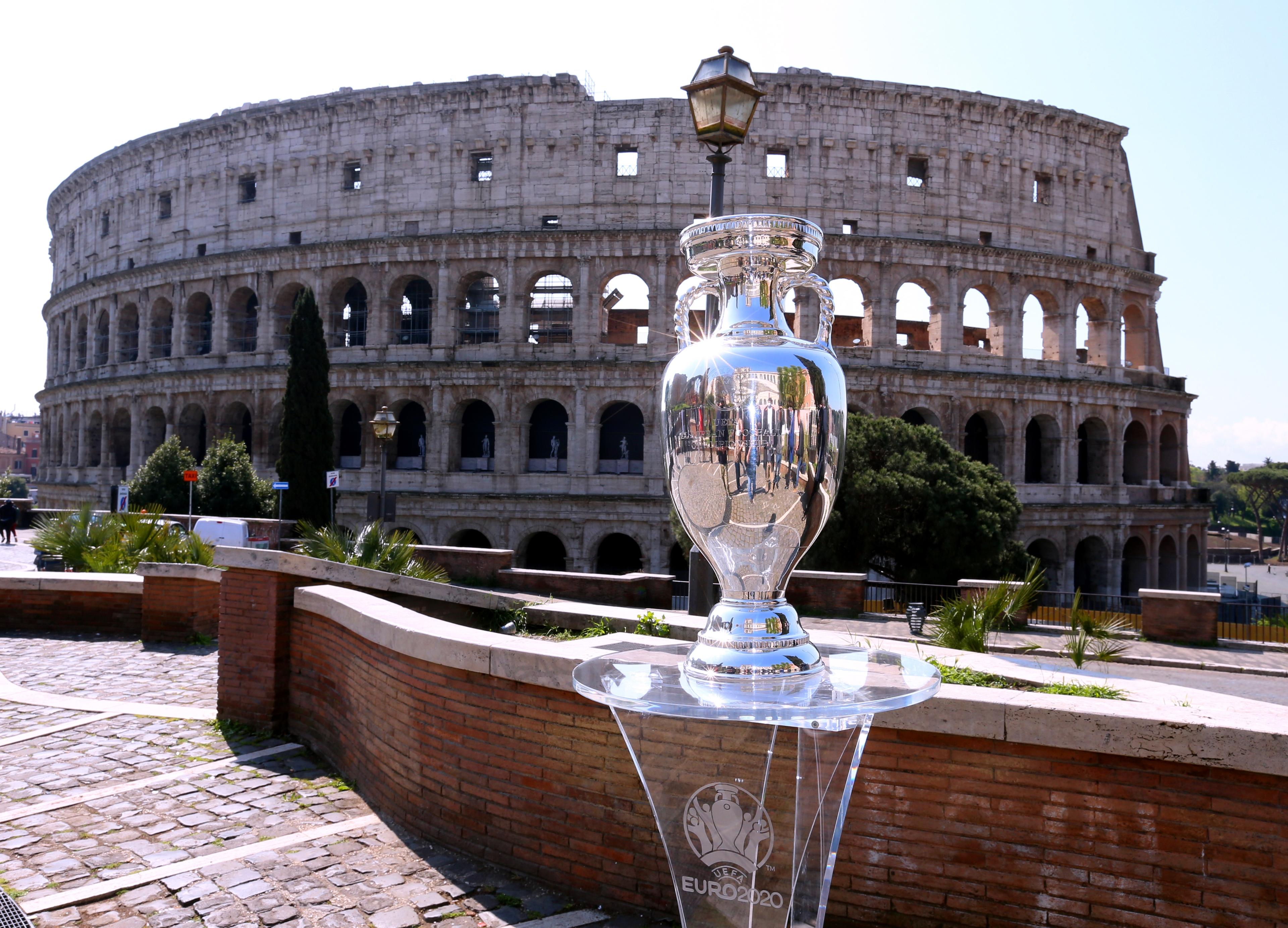 ROME, ITALY - APRIL 20: EURO 2020 Trophy tour on APRIL 20 2021 in Rome, Italy. (Photo by Paolo Bruno/Getty Images) *** Local Caption *** Gabriele Gravina; Daniele Frongia, Virginia Raggi