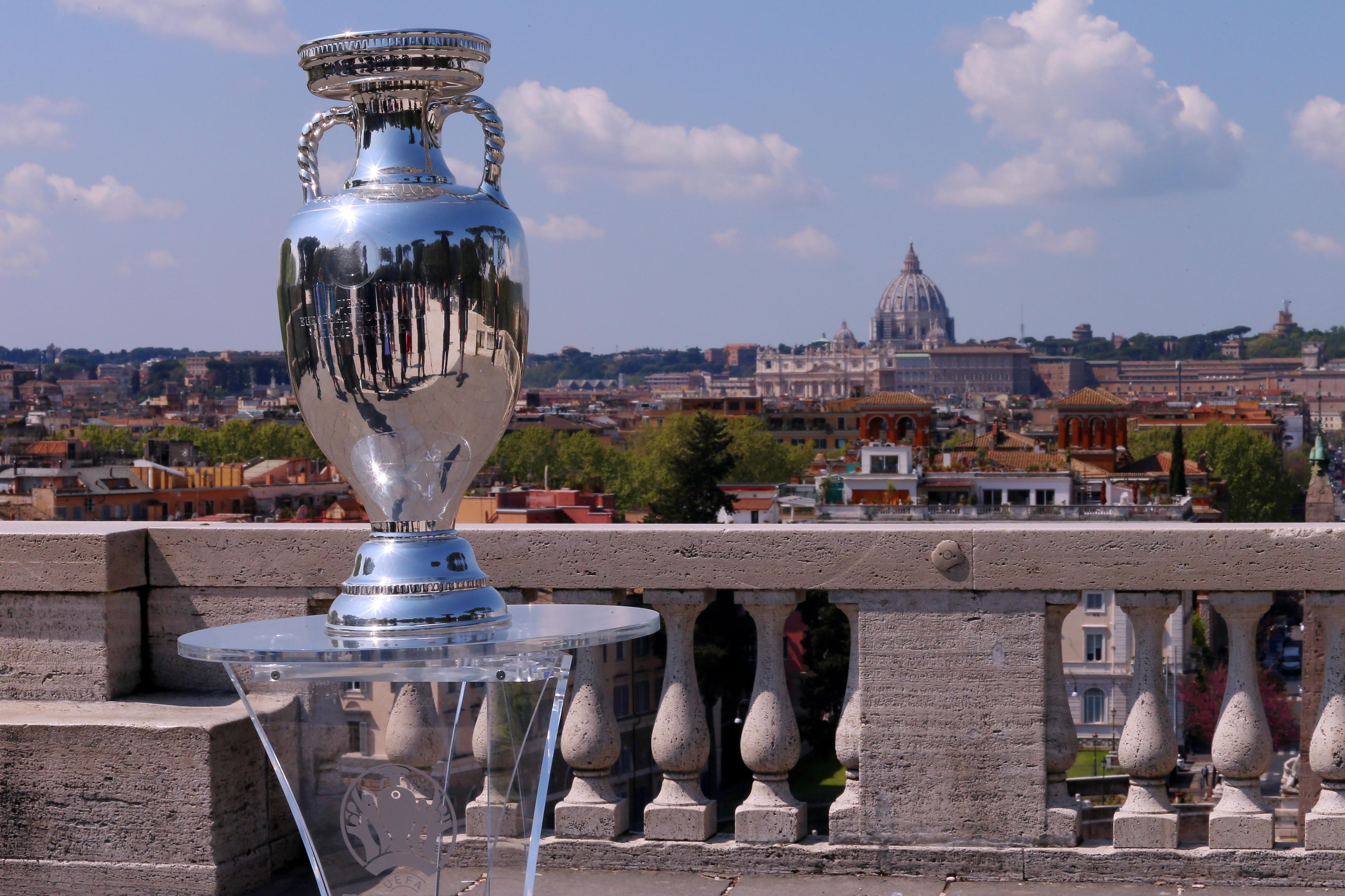 ROME, ITALY - APRIL 20: EURO 2020 Trophy tour on APRIL 20 2021 in Rome, Italy. (Photo by Paolo Bruno/Getty Images) *** Local Caption *** Gabriele Gravina; Daniele Frongia, Virginia Raggi
