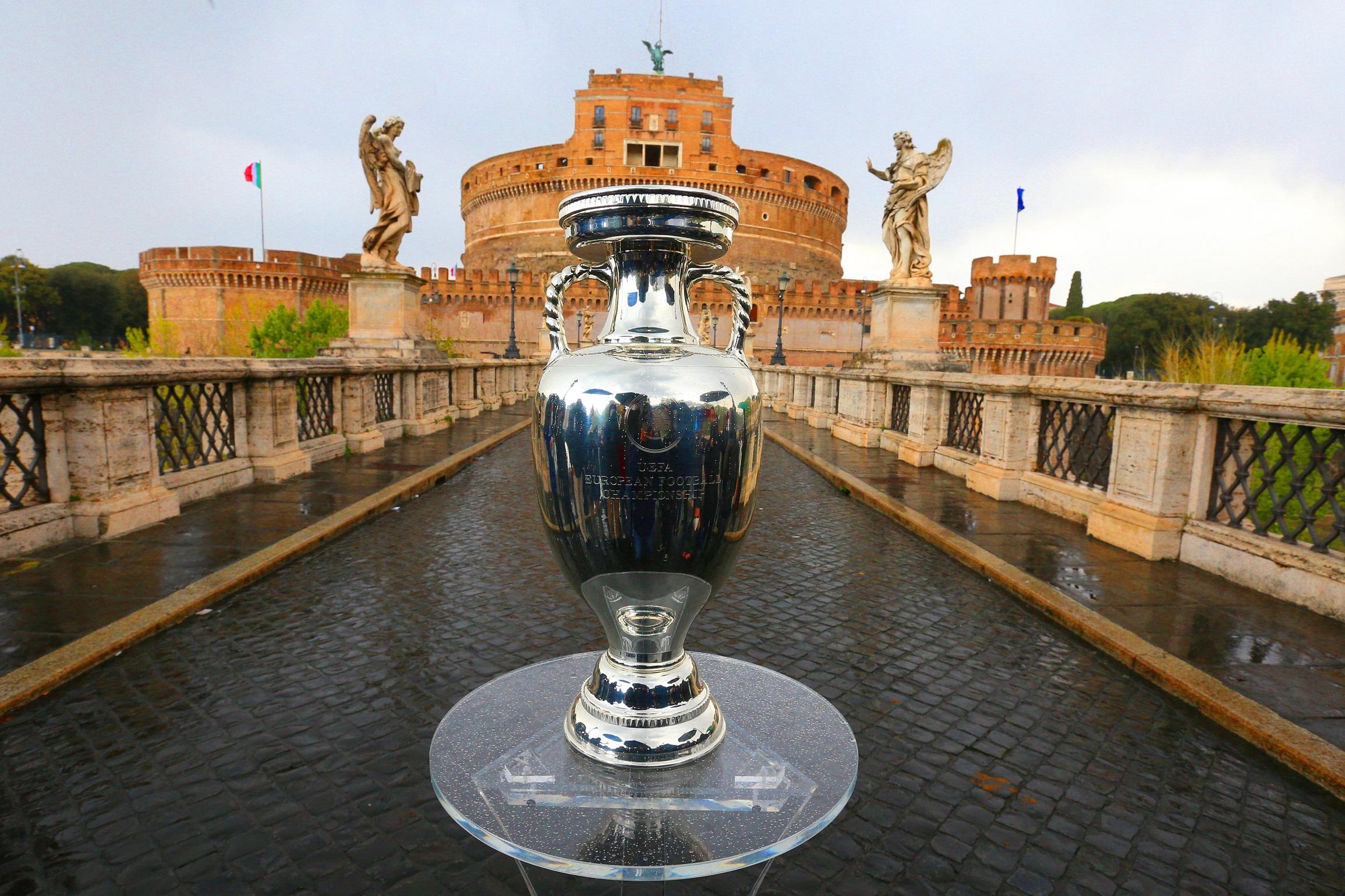 ROME, ITALY - APRIL 20: A general view of the UEFA Euro 2020 Trophy during the UEFA Euro 2020 Trophy Tour at Rome on April 20, 2021 in Rome, Italy. (Photo by Paolo Bruno/Getty Images)