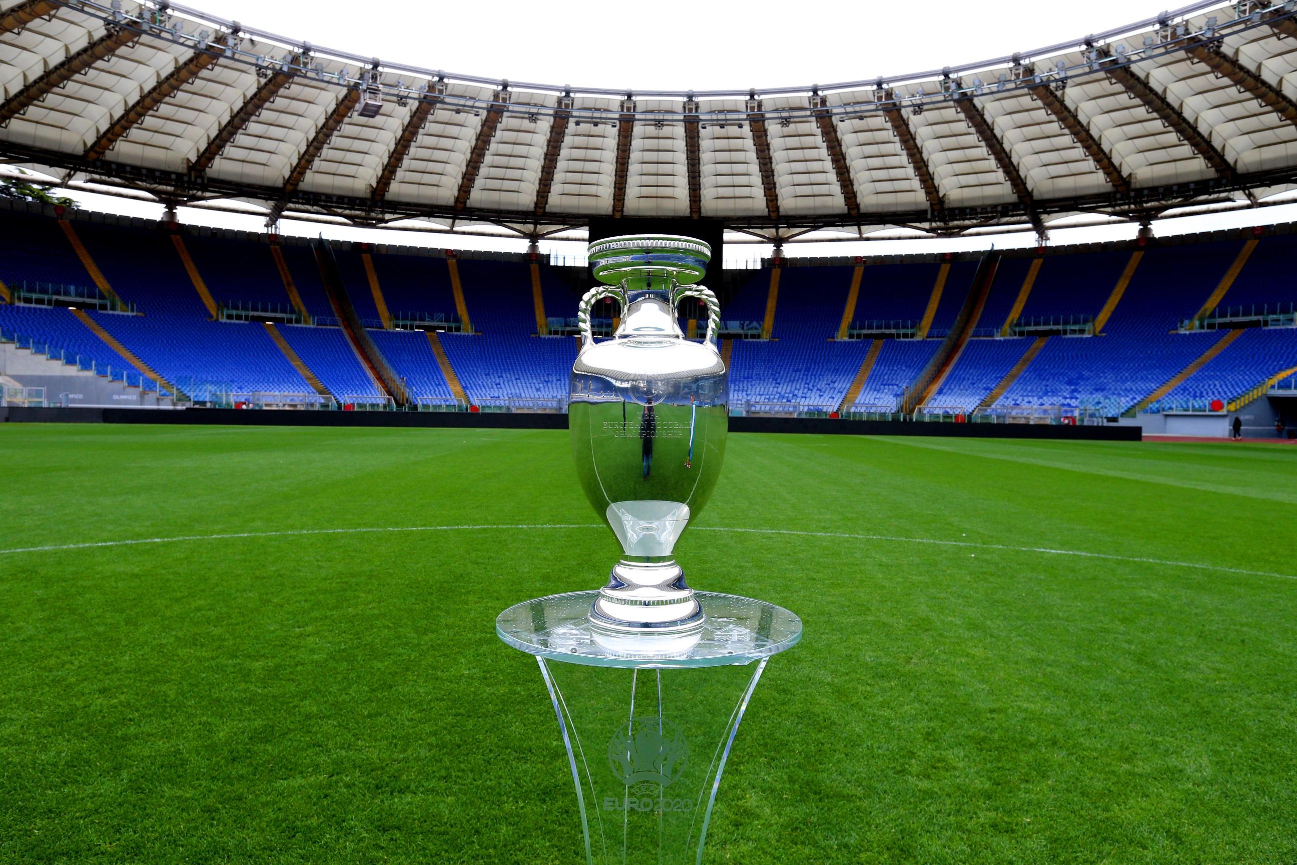 ROME, ITALY - APRIL 20:  A general view of the UEFA Euro 2020 Trophy during the UEFA Euro 2020 Trophy Tour at Rome on April 20, 2021 in Rome, Italy.  (Photo by Paolo Bruno/Getty Images)