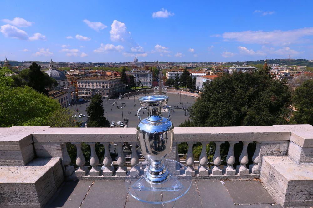 ROME, ITALY - APRIL 20:  A general view of the UEFA Euro 2020 Trophy during the UEFA Euro 2020 Trophy Tour at Rome on April 20, 2021 in Rome, Italy.  (Photo by Paolo Bruno/Getty Images) *** Local Caption *** Skillzy