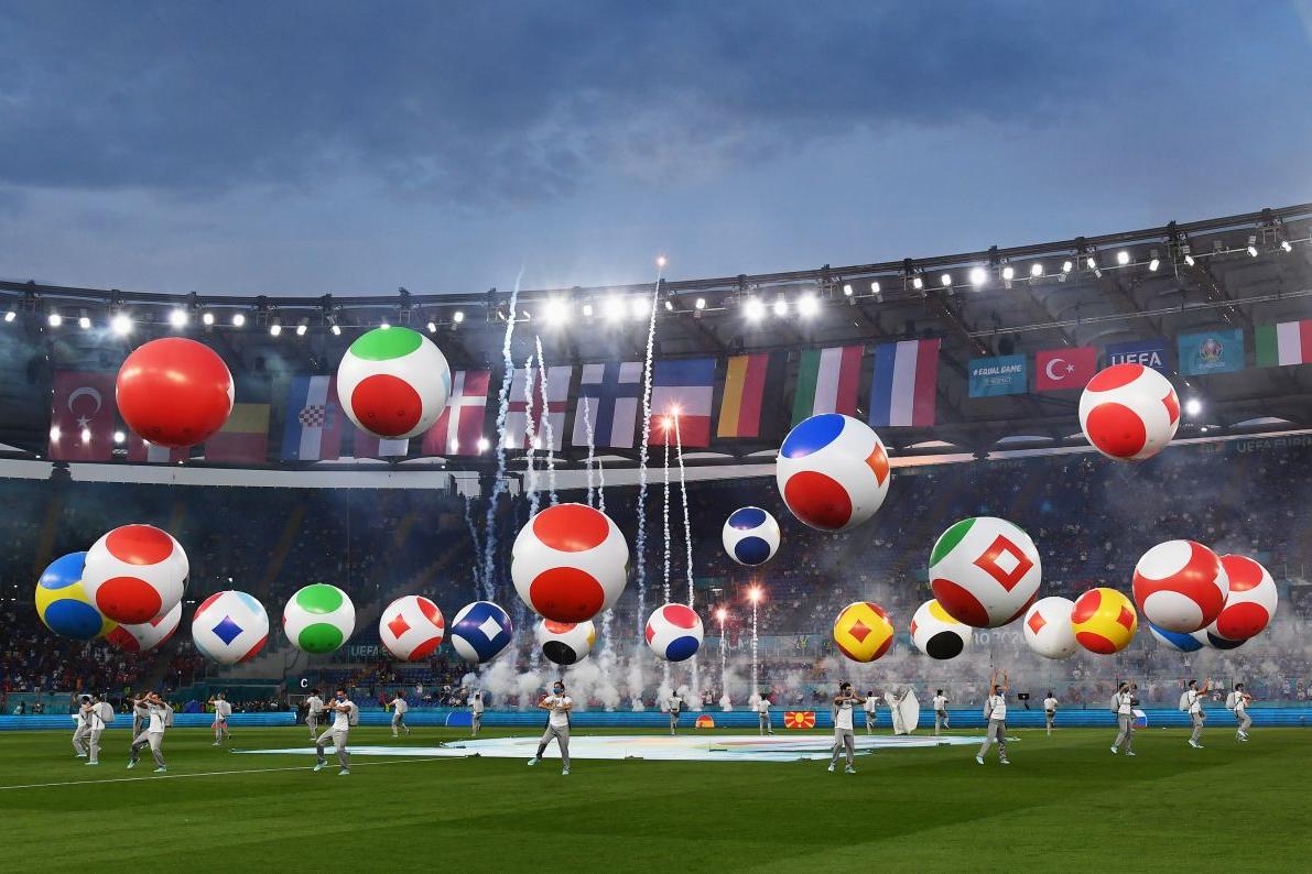 ROME, ITALY - JUNE 11: A general view of the opening ceremony inside the stadium prior to the UEFA Euro 2020 Championship Group A match between Turkey and Italy at the Stadio Olimpico on June 11, 2021 in Rome, Italy. (Photo by Claudio Villa/Getty Images)