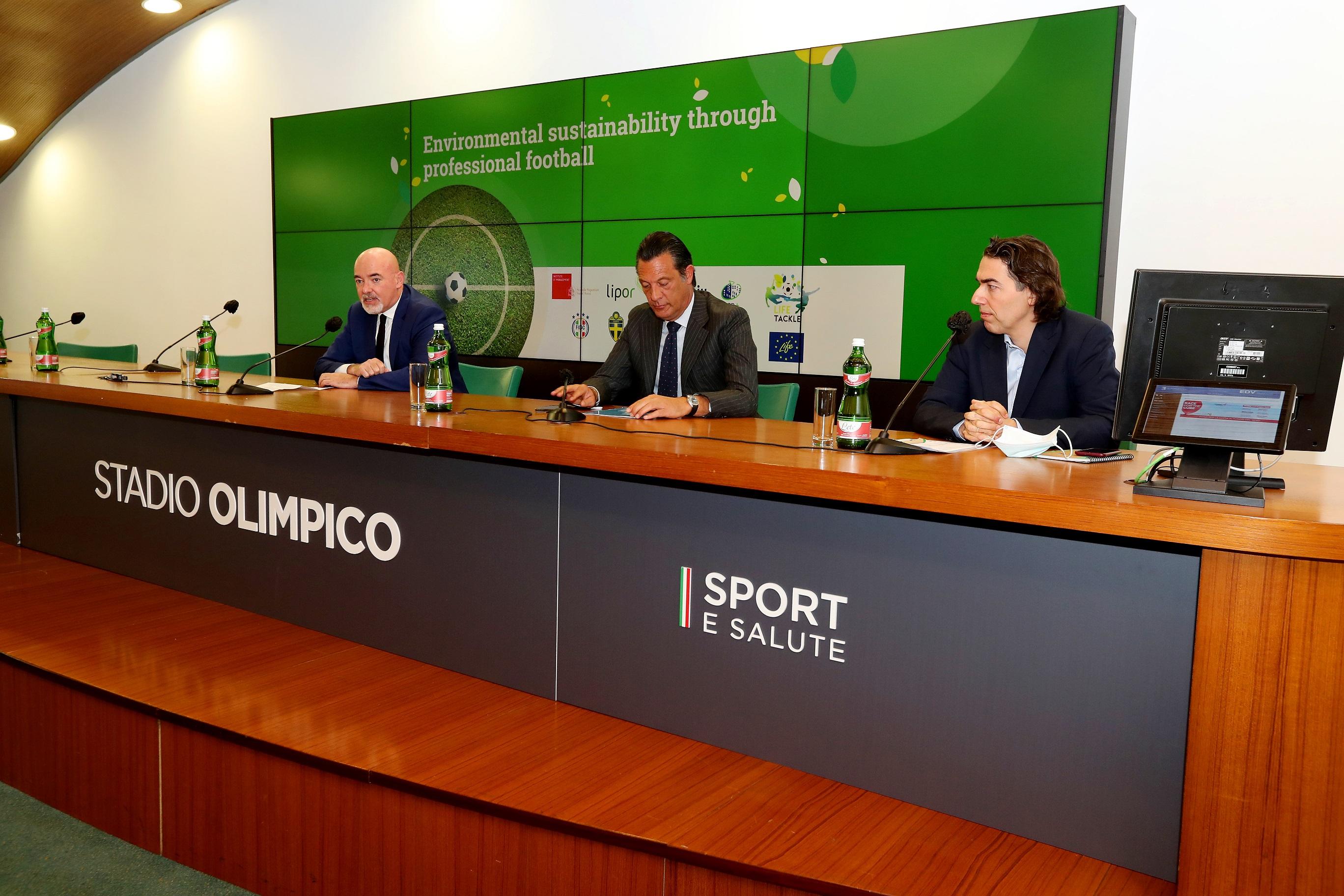 ROME, ITALY - MARCH 15: FIGC General Secretary Marco Brunelli and Sport e Salute General Director Diego Nepi and Tiberio Daddi of Scuola Superiore Sant'Anna attend the press conference 'Life Tackle' at Stadio Olimpico on March 15, 2022 in Rome, Italy. (Photo by Paolo Bruno/Getty Images) *** Local Caption *** Marco Brunelli; Diego Nepi; Tiberio Daddi