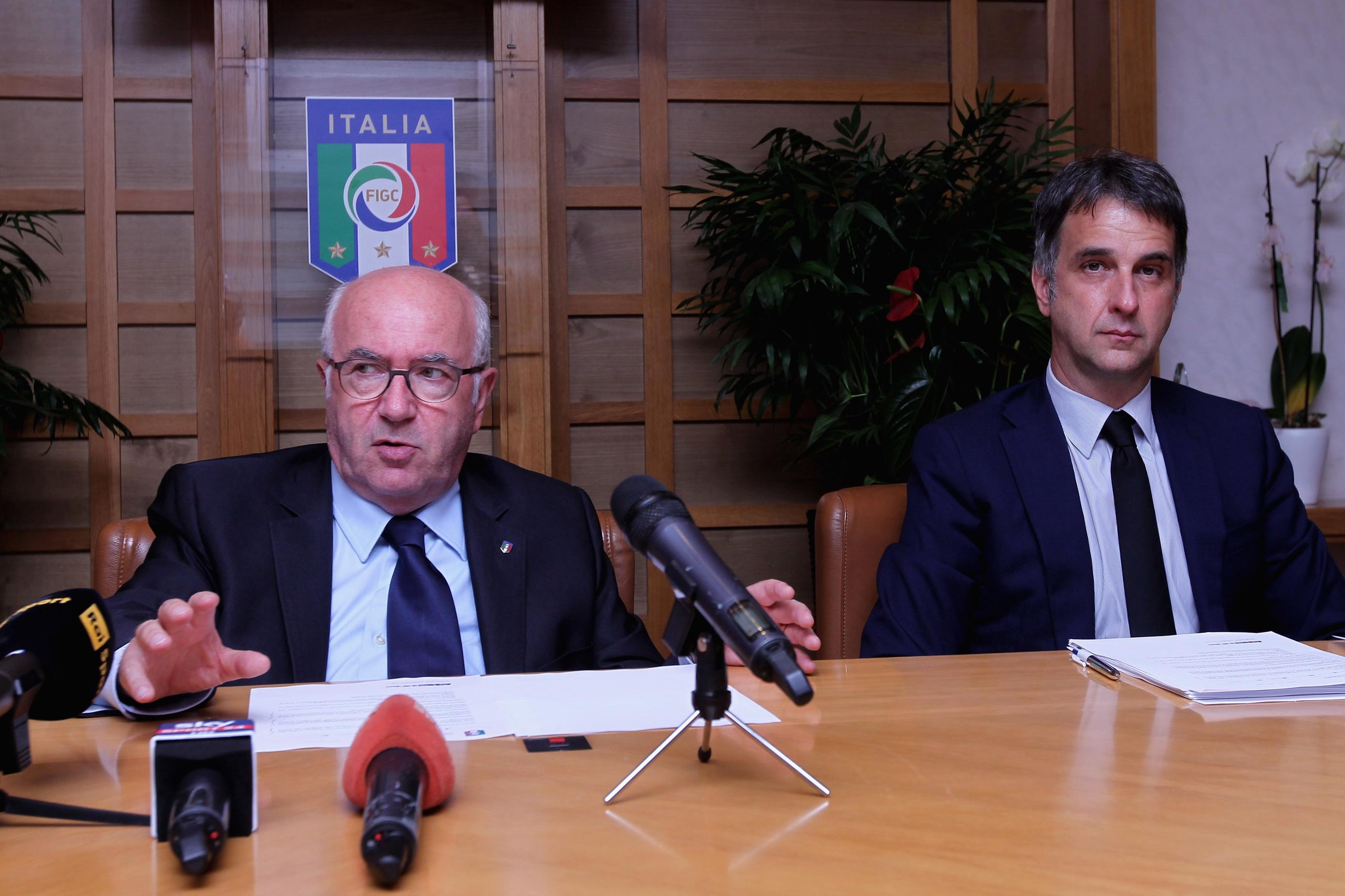 ROME, ITALY - JUNE 26:  (L-R) FIGC President Carlo Tavecchio and General Director Michele Uva attend the press conference after the Italian Football Federation (FIGC) council meeting on June 26, 2017 in Rome, Italy.  (Photo by Paolo Bruno/Getty Images) *** Local Caption *** Carlo Tavecchio; Michele Uva