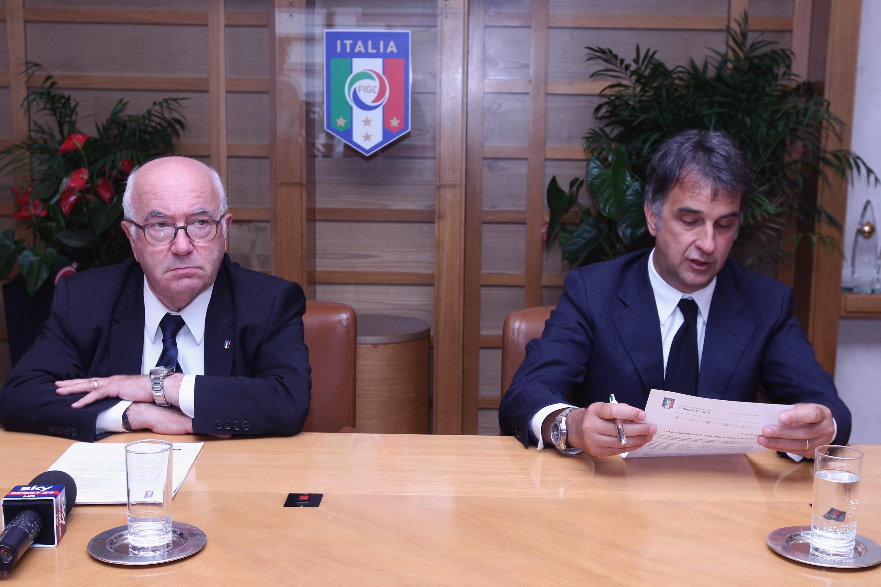 ROME, ITALY - JULY 20:   Carlo Tavecchio FIGC President and Michele Uva FIGC General Director attend the Italian Football Federation (FIGC) press conference on July 20, 2017 in Rome, Italy.  (Photo by Paolo Bruno/Getty Images) *** Local Caption *** Carlo Tavecchio; Michele Uva