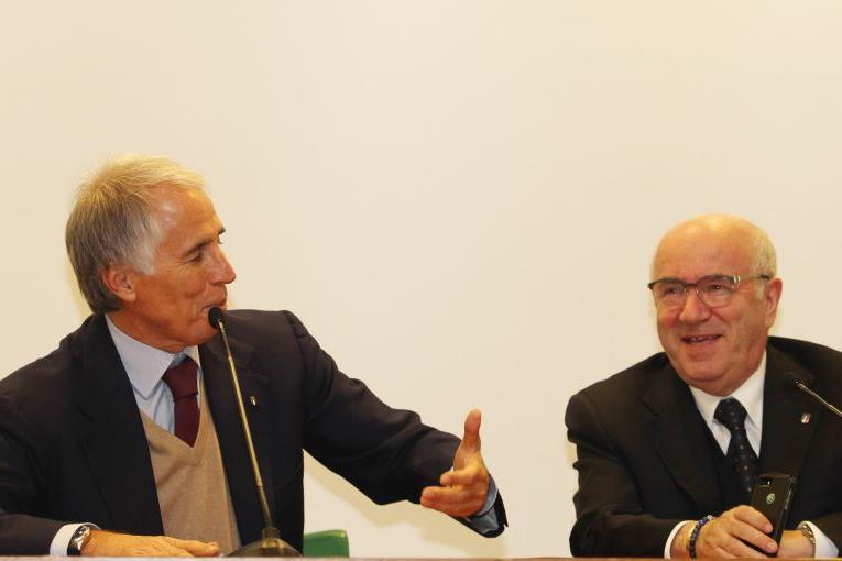 ROME, ITALY - JANUARY 30: (L-R) CONI President Giovanni Malago\\' and FIGC President Carlo Tavecchio attend the Italian Olympic Commitee (CONI) press conference at Stadio Olimpico on January 30, 2015 in Rome, Italy. (Photo by Paolo Bruno/Getty Images)