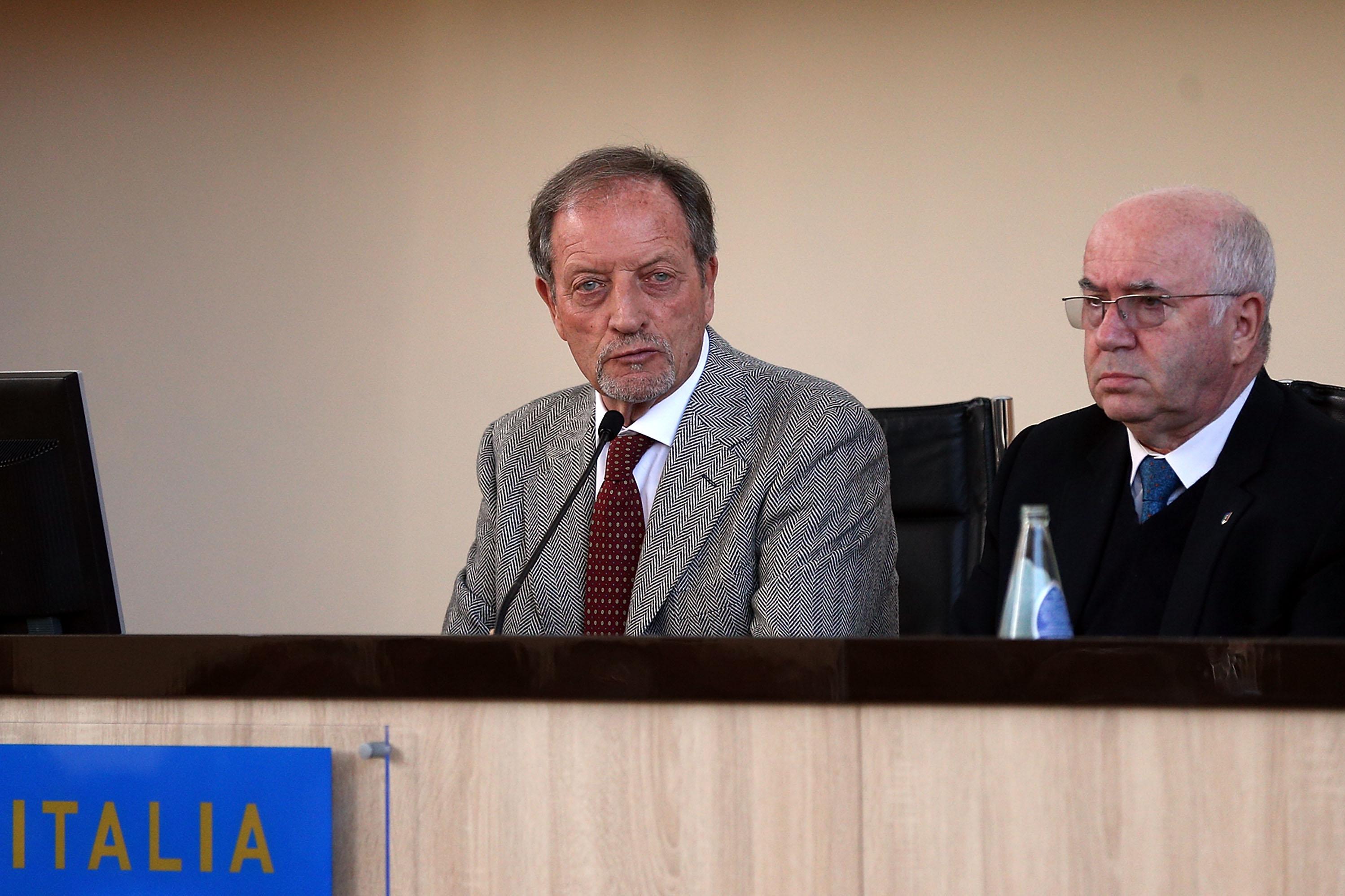 FLORENCE, ITALY - MARCH 07: Renzo Ulivieri President National Association coaches (L) ,and Carlo Tavecchio president of FIGC during the \"Panchina D\\'oro season 2014-2015\" at Coverciano on March 7, 2016 in Florence, Italy.  (Photo by Gabriele Maltinti/Getty Images)