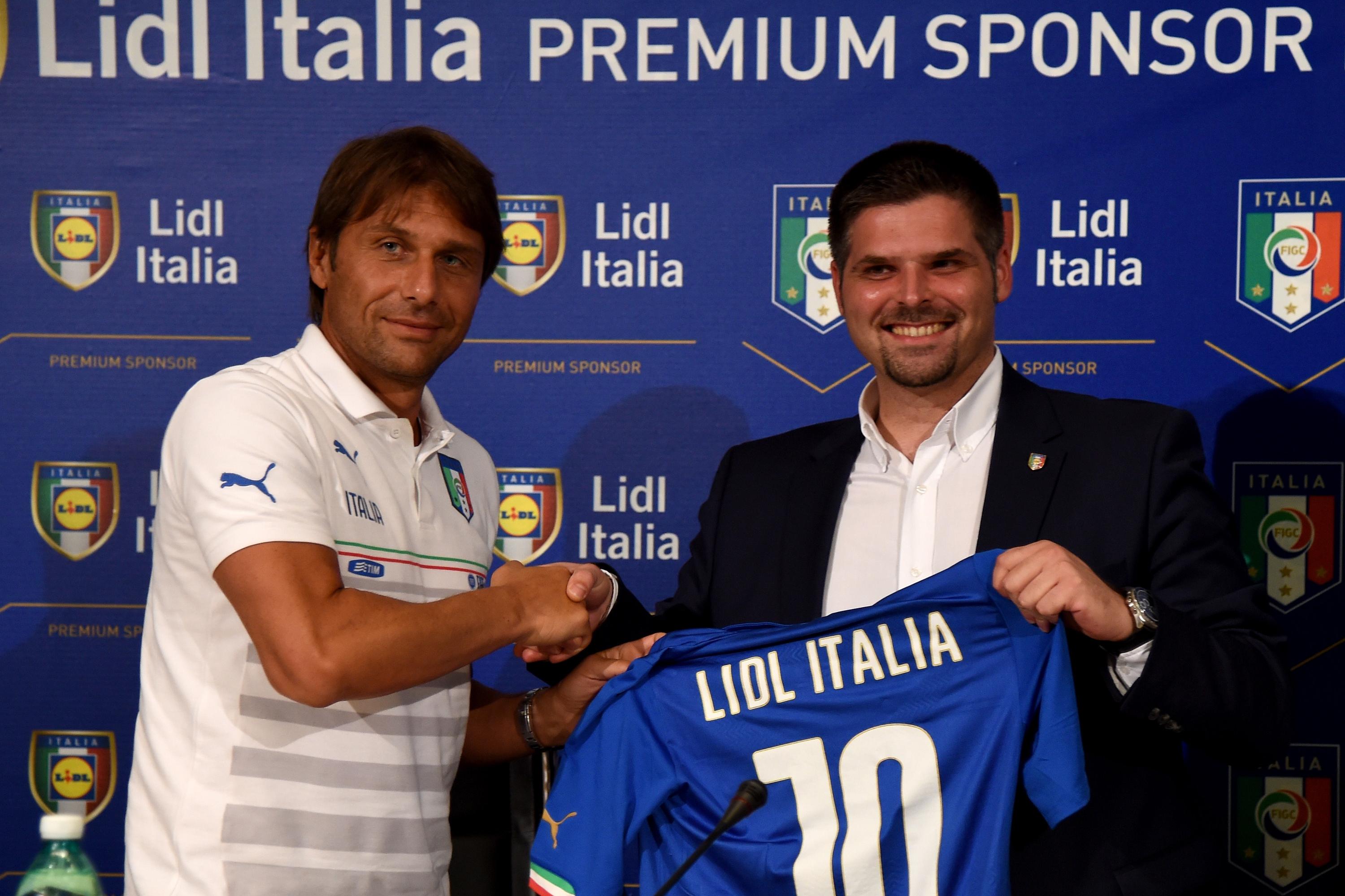 FLORENCE, ITALY - SEPTEMBER 01: Head Coach Italy Antonio Conte (L) and President Lidl Italia Ignazio Paterno during a press conference at Coverciano on September 1, 2015 in Florence, Italy. (Photo by Claudio Villa/Getty Images)