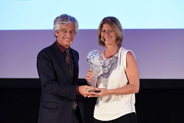 MATERA, ITALY - SEPTEMBER 29:  Gianni Rivera and Carolina Morace during the Italian Football Federation against racism event \\'Razzisti? Una brutta razza\\' on September 29, 2015 in Matera, Italy.  (Photo by Getty Images/Getty Images) *** Local Caption *** Gianni Rivera; Carolina Morace